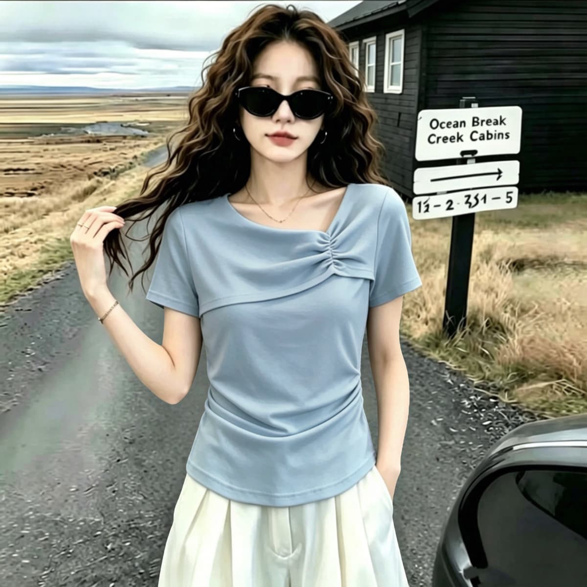 실사 210 그램 좋은 면 2026 여름 새로운 빅 사이즈 여성 의류 품격 비스듬한 칼라 반팔 주름 허리 수축 슬림해 보이는 맨위 상세 이미지 6