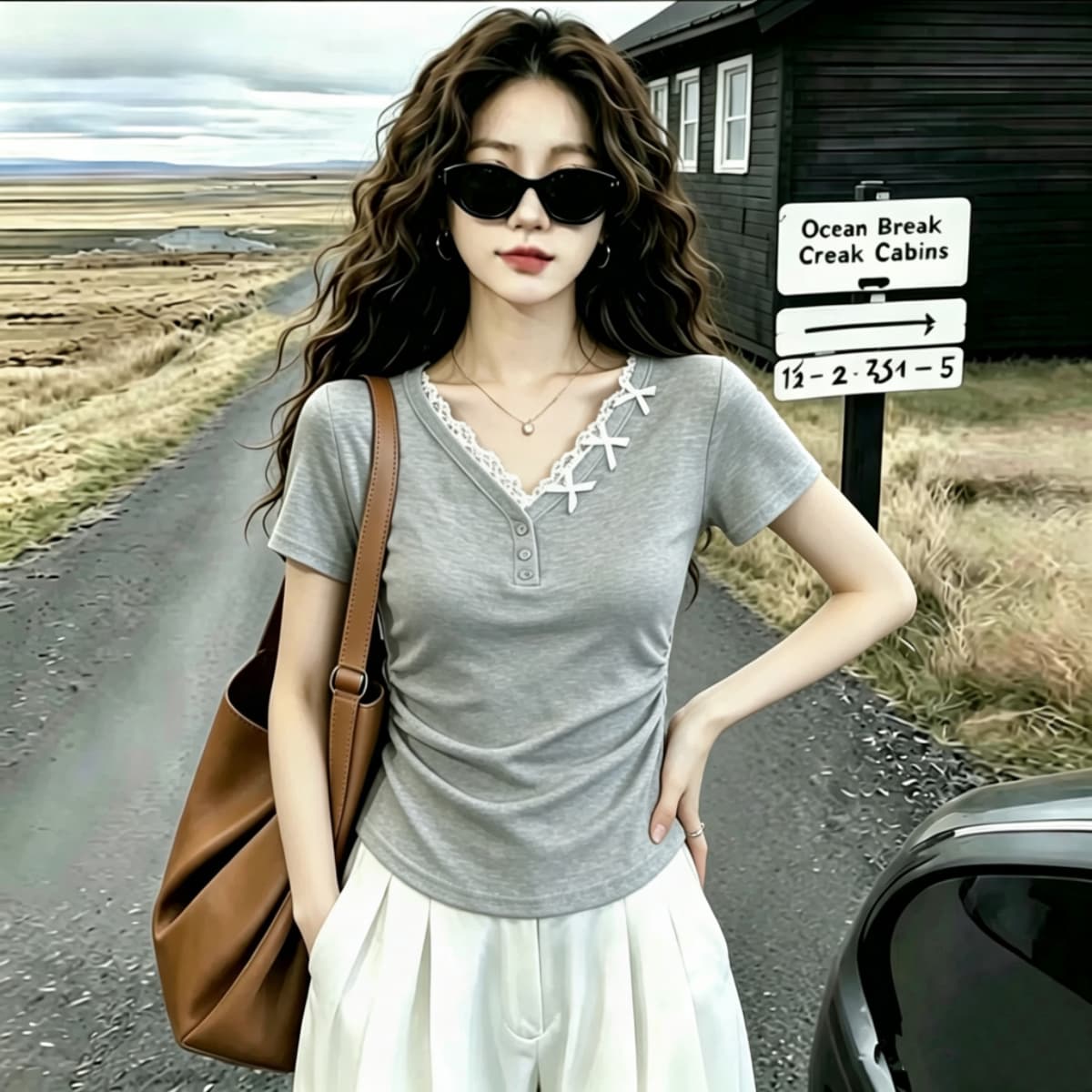 실사 210 그램 좋은 면 빅 사이즈 여성 의류 2026 프랑스식 레이스 u 칼라 반팔 티셔츠 몸매 가꾸기 슬림해 보이는 순수한 욕망 바람 상세 이미지 7