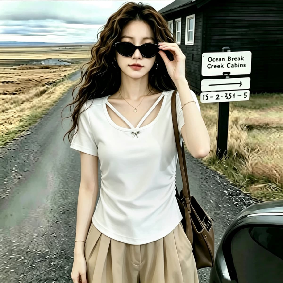 실사 210 그램 좋은 면 2026 여름 드레스 새로운 빅 사이즈 여성 의류 나비 매듭 홀로우 아웃 V넥 반팔 티셔츠 맨위 이미지 2