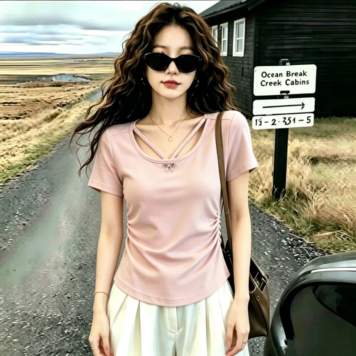 실사 210 그램 좋은 면 2026 여름 드레스 새로운 빅 사이즈 여성 의류 나비 매듭 홀로우 아웃 V넥 반팔 티셔츠 맨위 상세 이미지 4