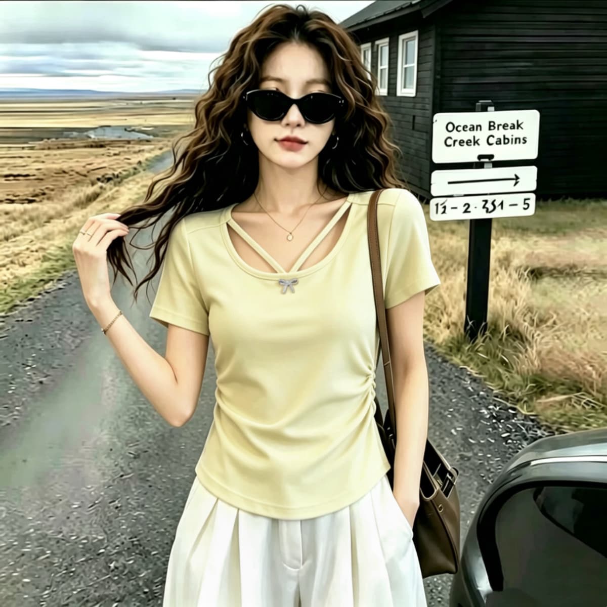 실사 210 그램 좋은 면 2026 여름 드레스 새로운 빅 사이즈 여성 의류 나비 매듭 홀로우 아웃 V넥 반팔 티셔츠 맨위 상세 이미지 9