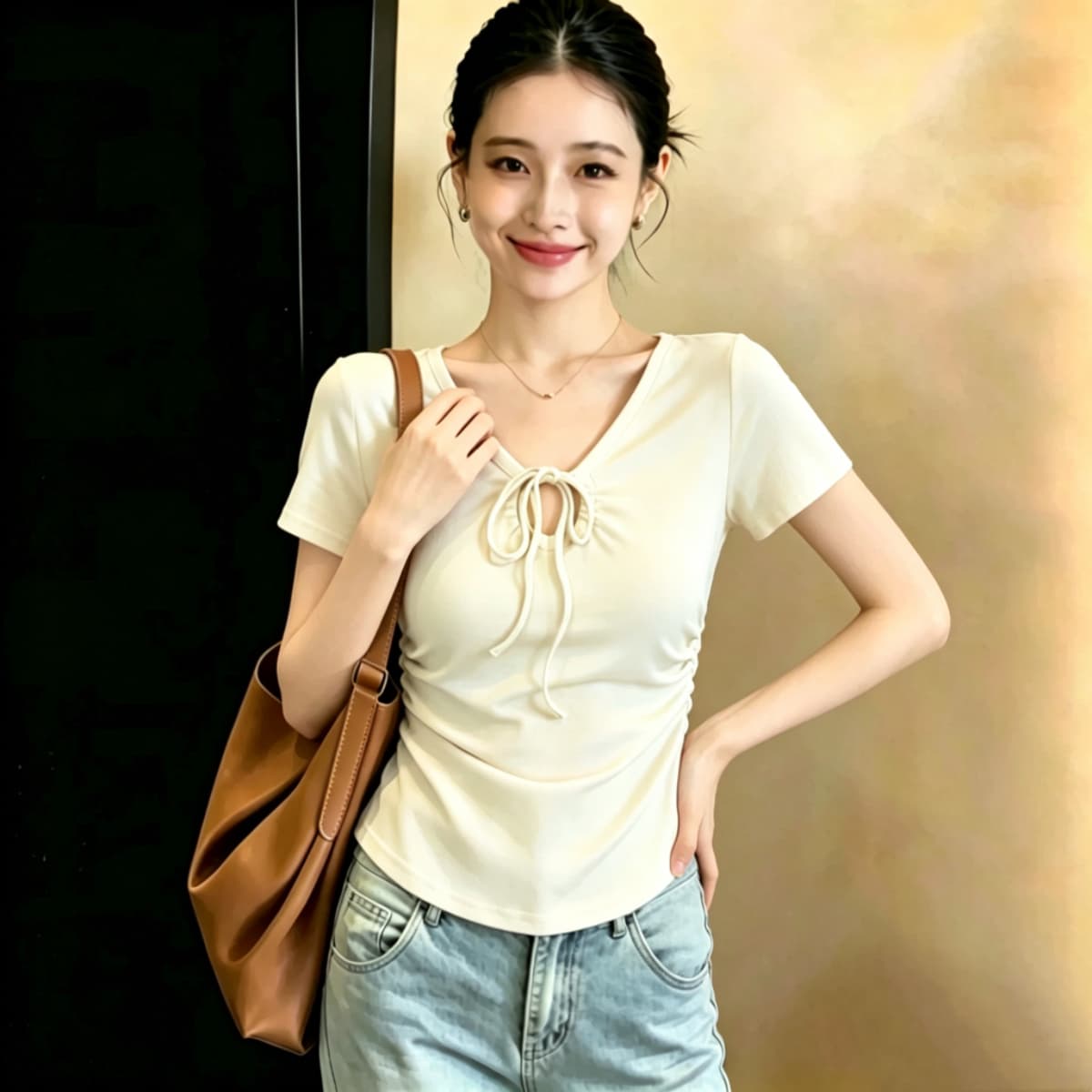 실사 210 그램 좋은 면 여름 드레스 새로운 지방 mm 슬림해 보이는 미니멀리즘 바람 다용도 스트랩 반팔 티셔츠 빅 사이즈 여성 의류 상세 이미지 20