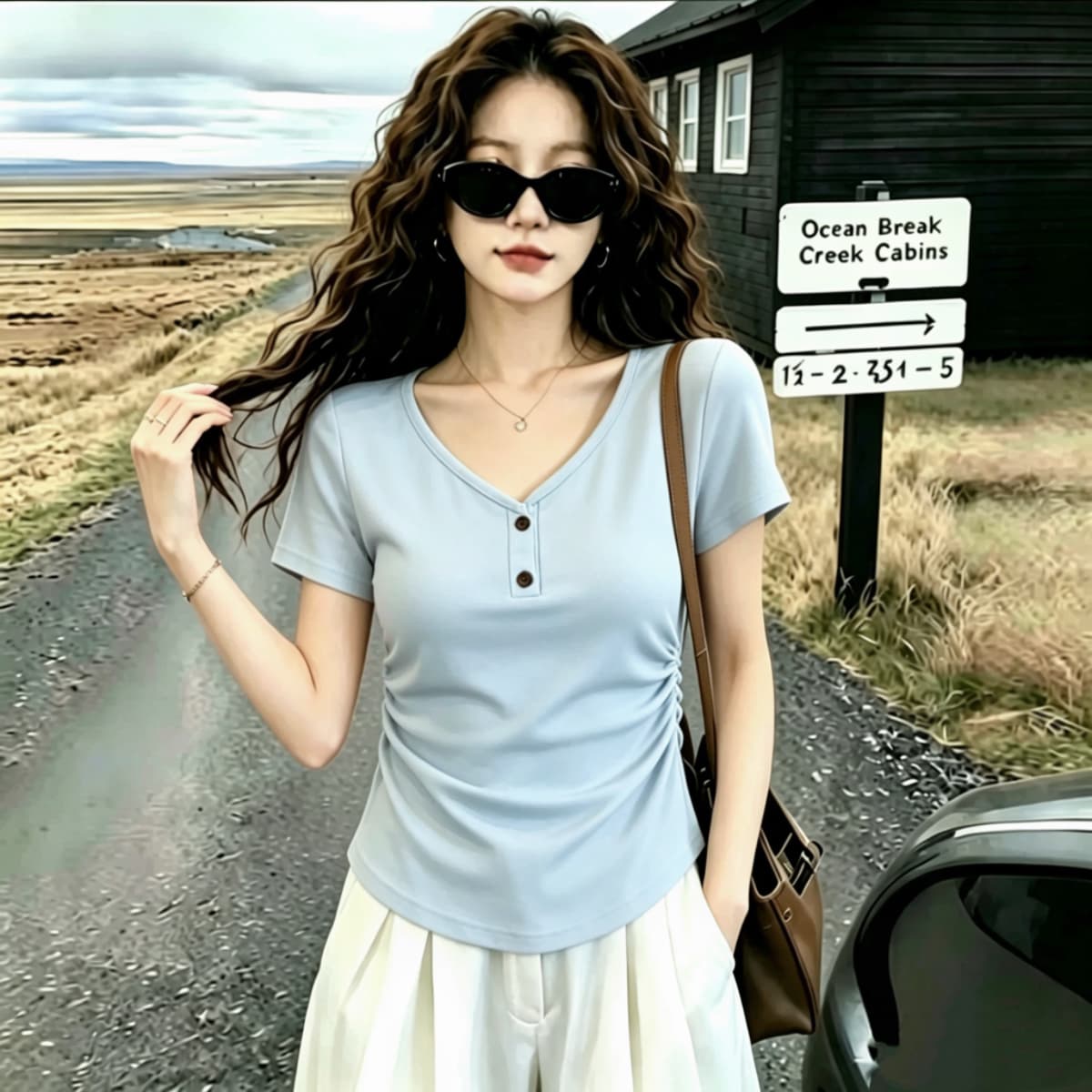 실사 2026 여름 드레스 새로운 고유 한 아름다운 몸매 가꾸기 V넥 반팔 티셔츠 여성 검정색 디자인 센스 단추 작은 대중 상세 이미지 2