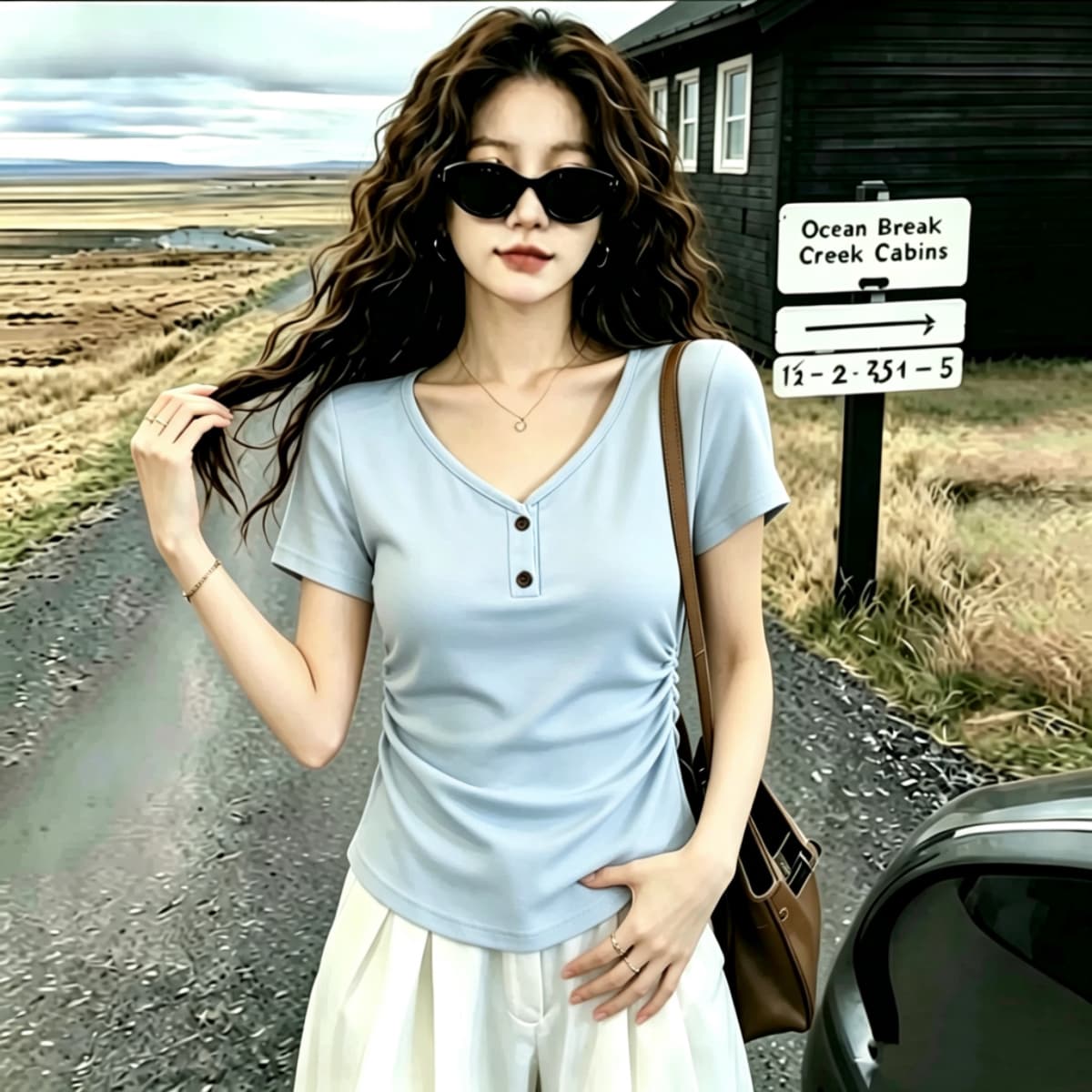 실사 2026 여름 드레스 새로운 고유 한 아름다운 몸매 가꾸기 V넥 반팔 티셔츠 여성 검정색 디자인 센스 단추 작은 대중 상세 이미지 4