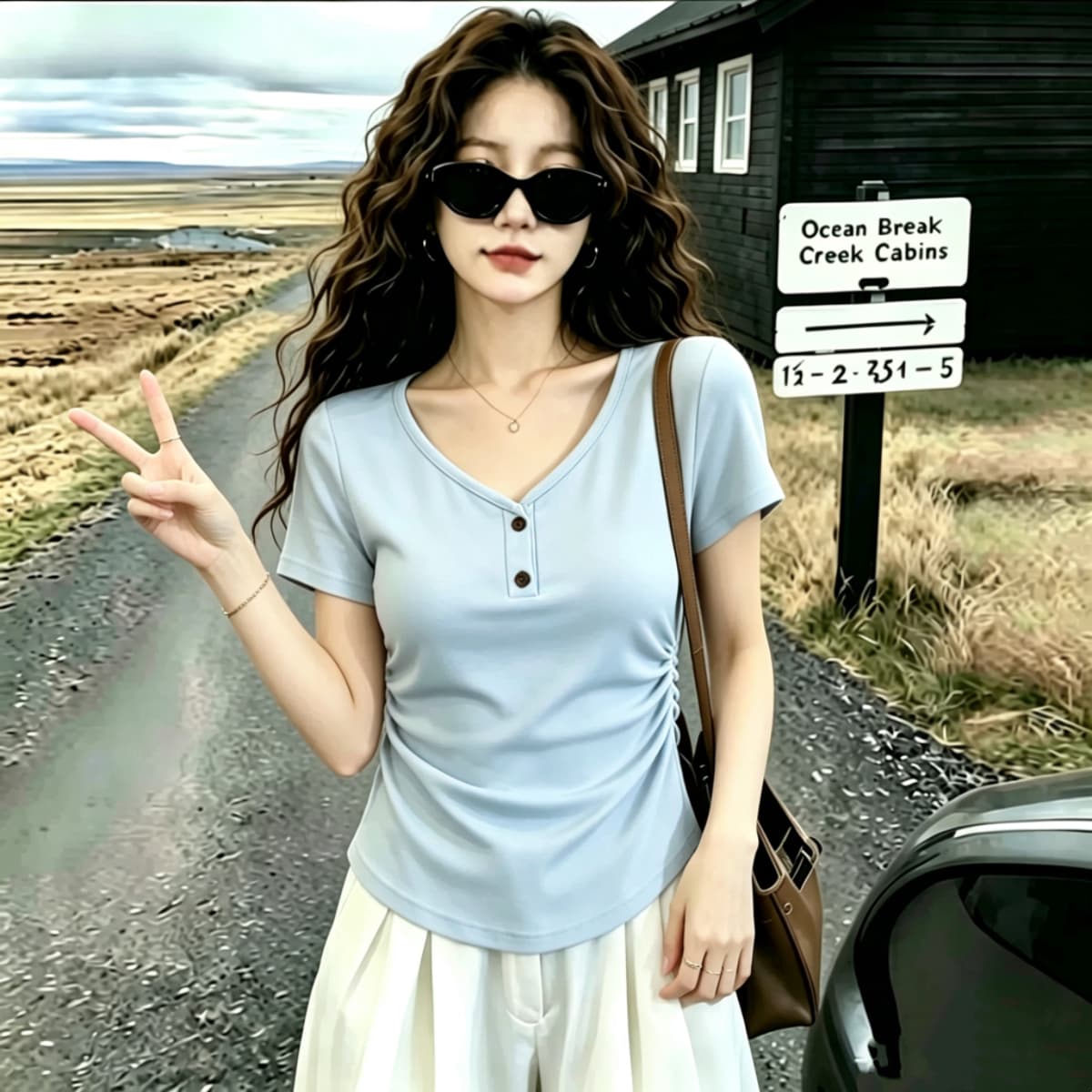 실사 2026 여름 드레스 새로운 고유 한 아름다운 몸매 가꾸기 V넥 반팔 티셔츠 여성 검정색 디자인 센스 단추 작은 대중 상세 이미지 5