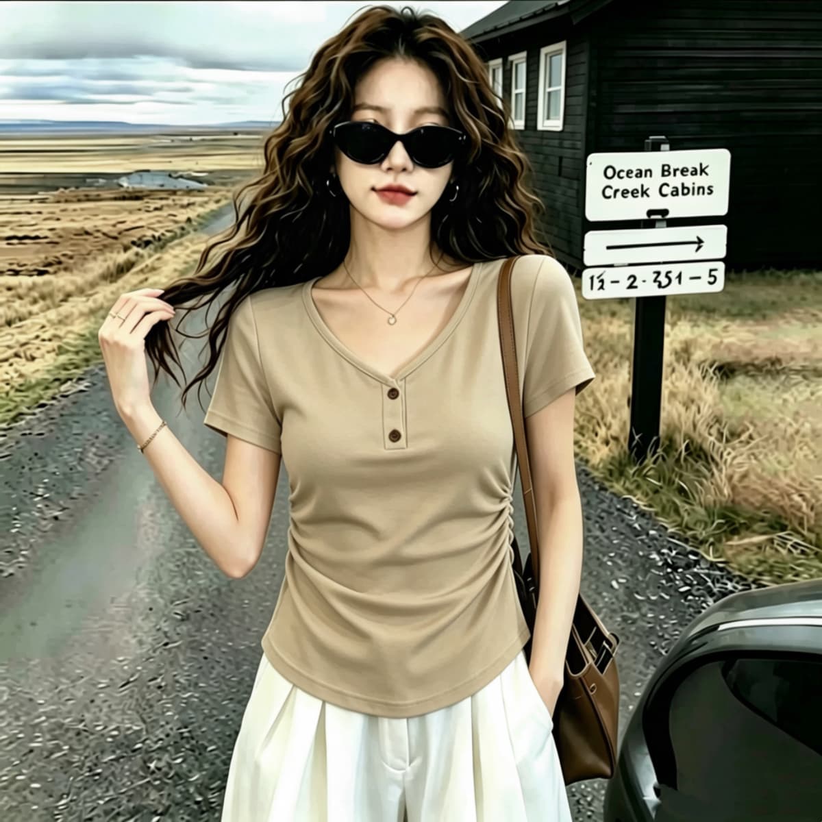실사 2026 여름 드레스 새로운 고유 한 아름다운 몸매 가꾸기 V넥 반팔 티셔츠 여성 검정색 디자인 센스 단추 작은 대중 상세 이미지 6