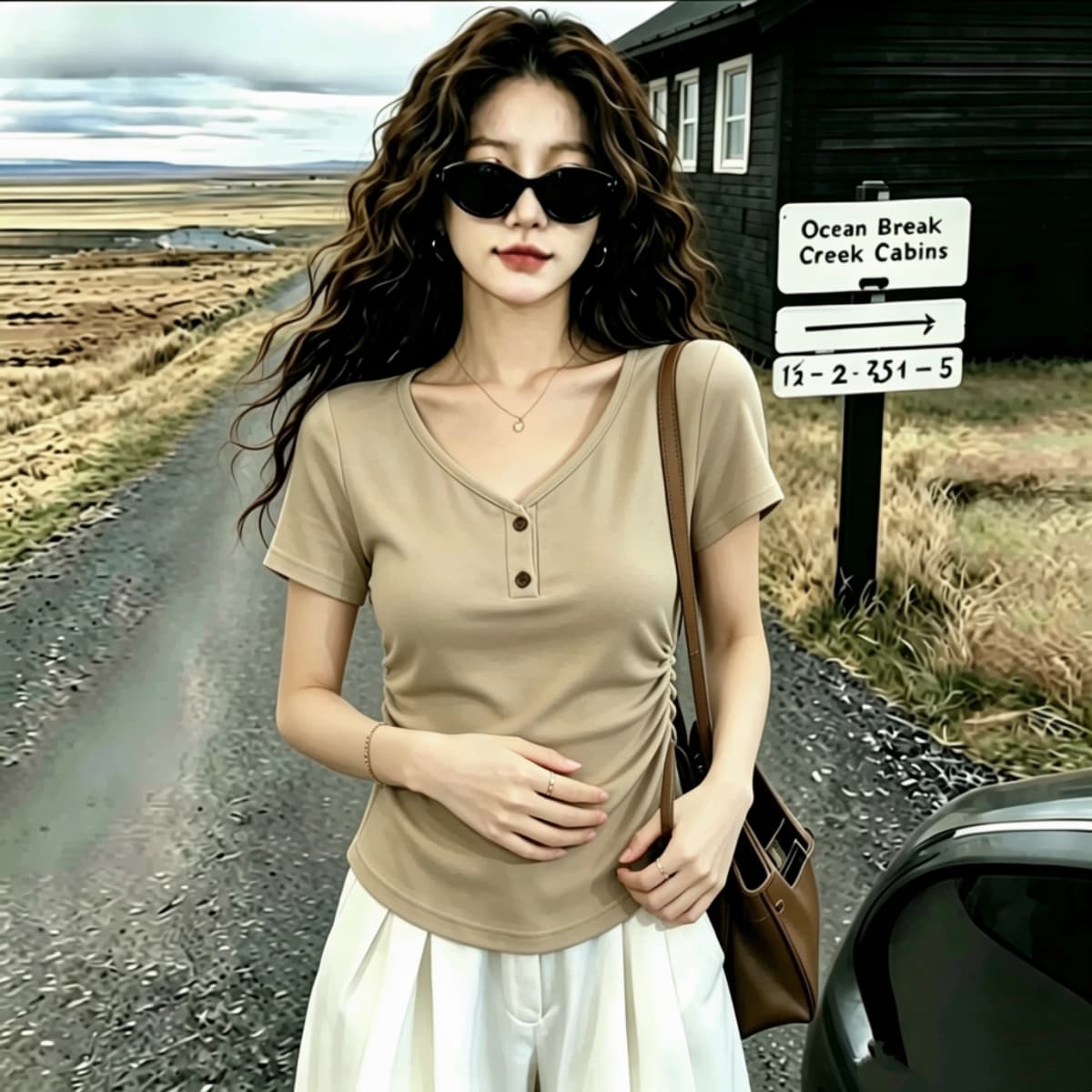 실사 2026 여름 드레스 새로운 고유 한 아름다운 몸매 가꾸기 V넥 반팔 티셔츠 여성 검정색 디자인 센스 단추 작은 대중 상세 이미지 8