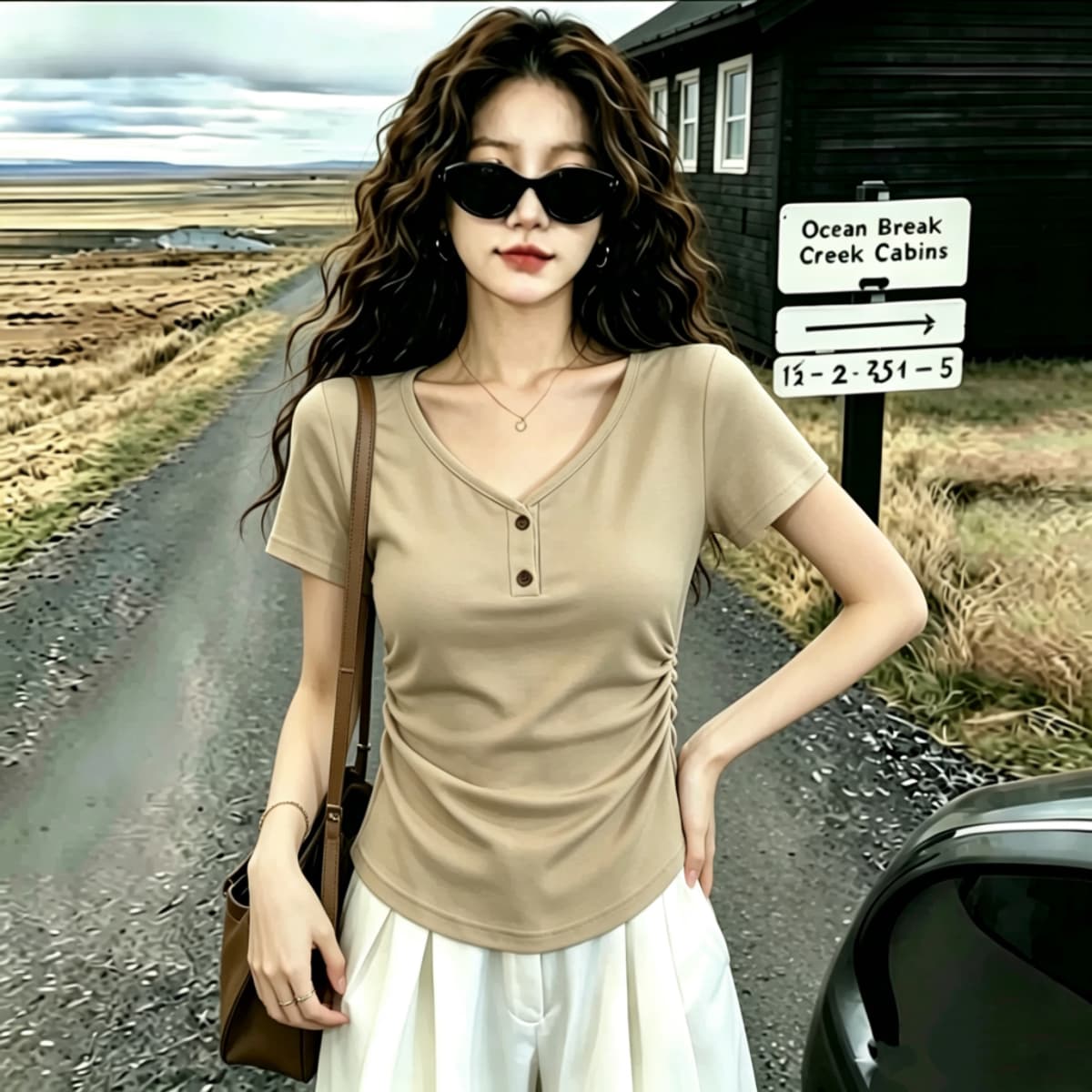 실사 2026 여름 드레스 새로운 고유 한 아름다운 몸매 가꾸기 V넥 반팔 티셔츠 여성 검정색 디자인 센스 단추 작은 대중 상세 이미지 9