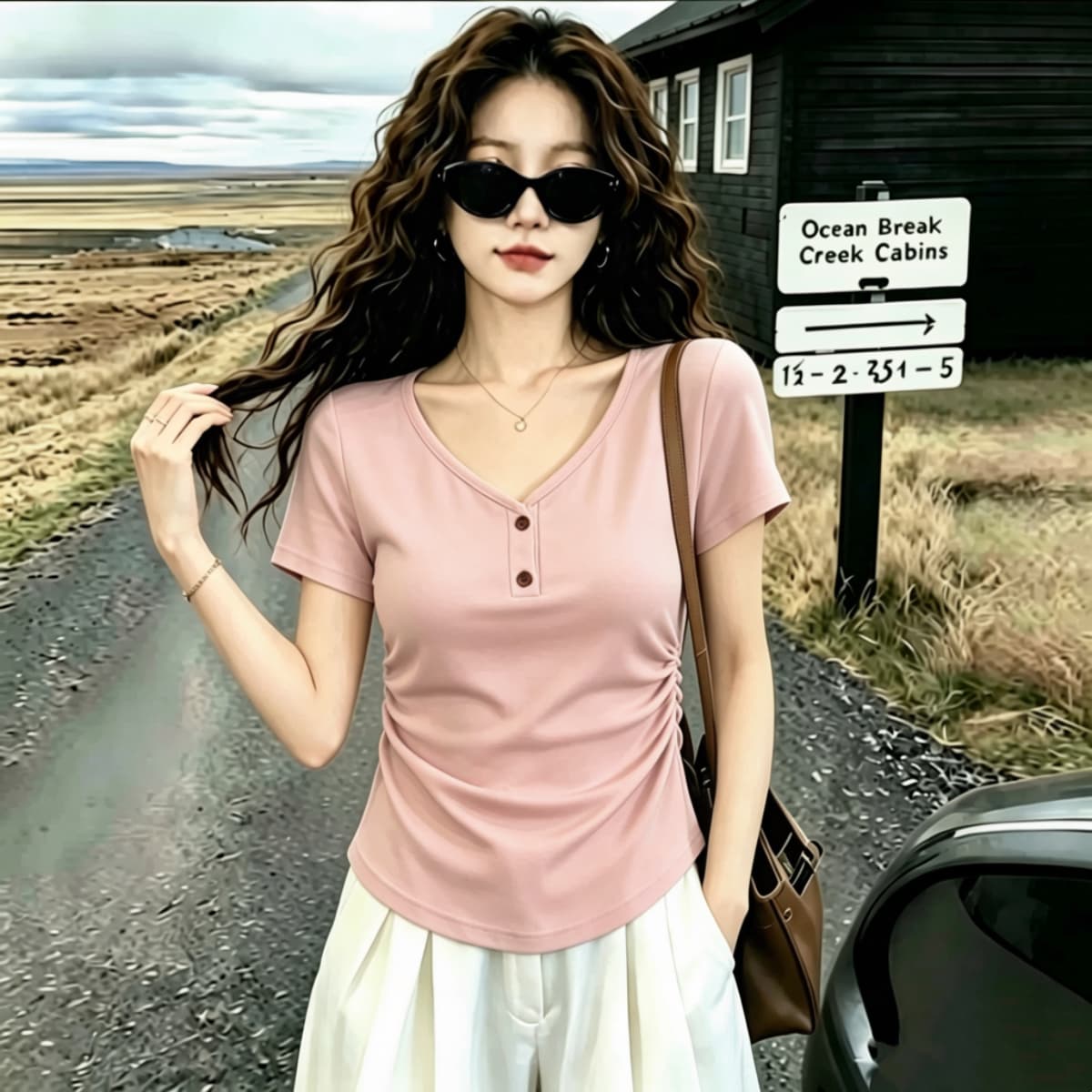 실사 2026 여름 드레스 새로운 고유 한 아름다운 몸매 가꾸기 V넥 반팔 티셔츠 여성 검정색 디자인 센스 단추 작은 대중 상세 이미지 10