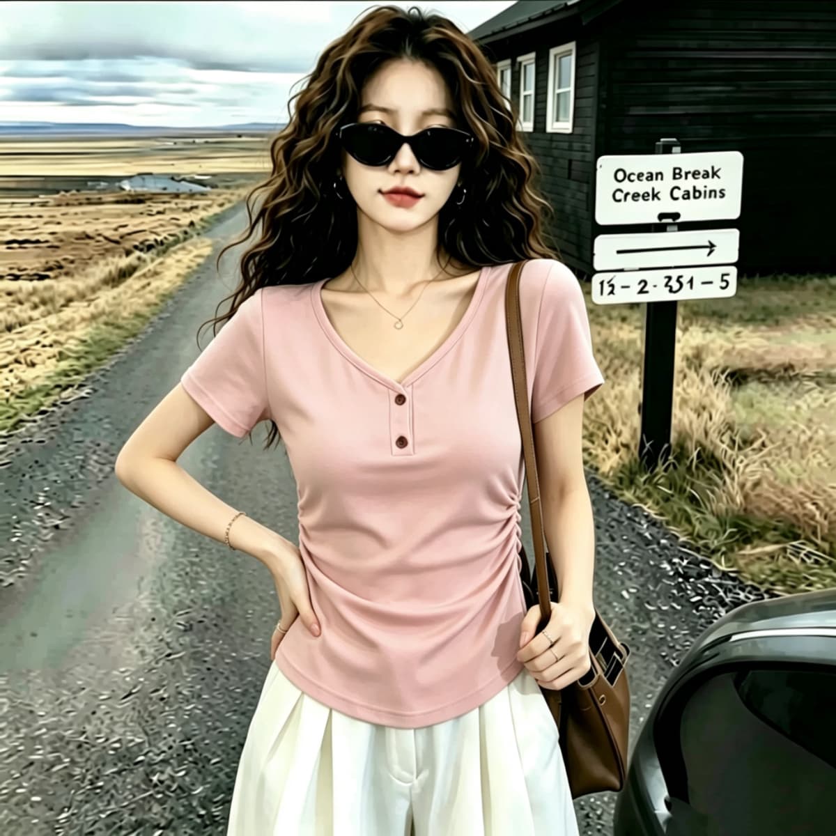 실사 2026 여름 드레스 새로운 고유 한 아름다운 몸매 가꾸기 V넥 반팔 티셔츠 여성 검정색 디자인 센스 단추 작은 대중 상세 이미지 11