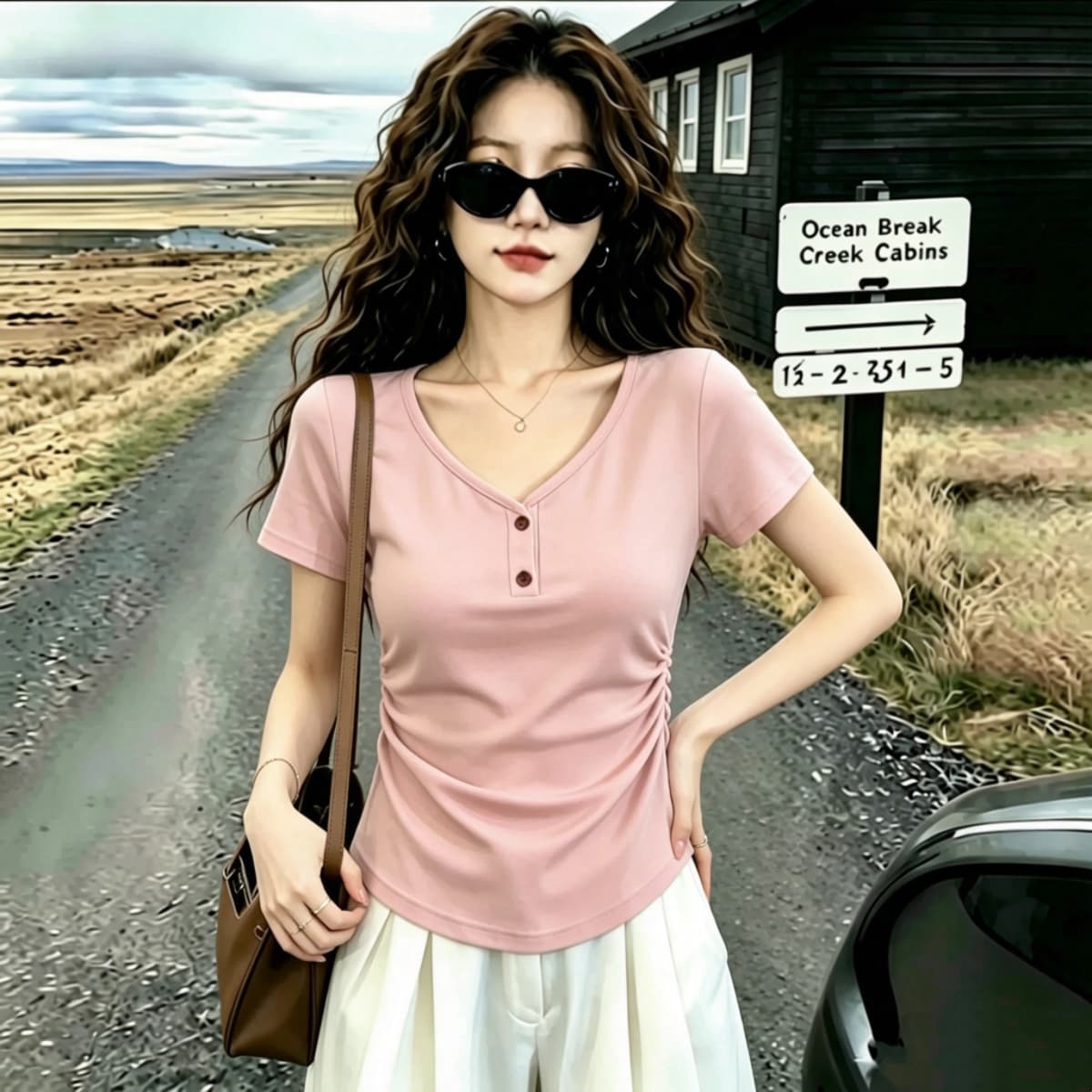 실사 2026 여름 드레스 새로운 고유 한 아름다운 몸매 가꾸기 V넥 반팔 티셔츠 여성 검정색 디자인 센스 단추 작은 대중 상세 이미지 13