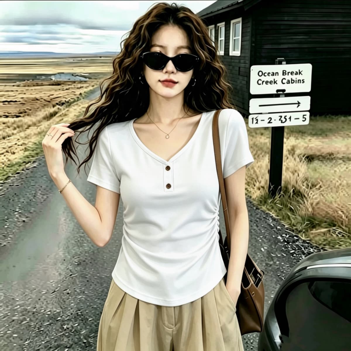 실사 2026 여름 드레스 새로운 고유 한 아름다운 몸매 가꾸기 V넥 반팔 티셔츠 여성 검정색 디자인 센스 단추 작은 대중 상세 이미지 14