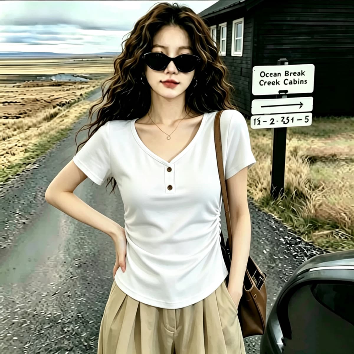 실사 2026 여름 드레스 새로운 고유 한 아름다운 몸매 가꾸기 V넥 반팔 티셔츠 여성 검정색 디자인 센스 단추 작은 대중 상세 이미지 15