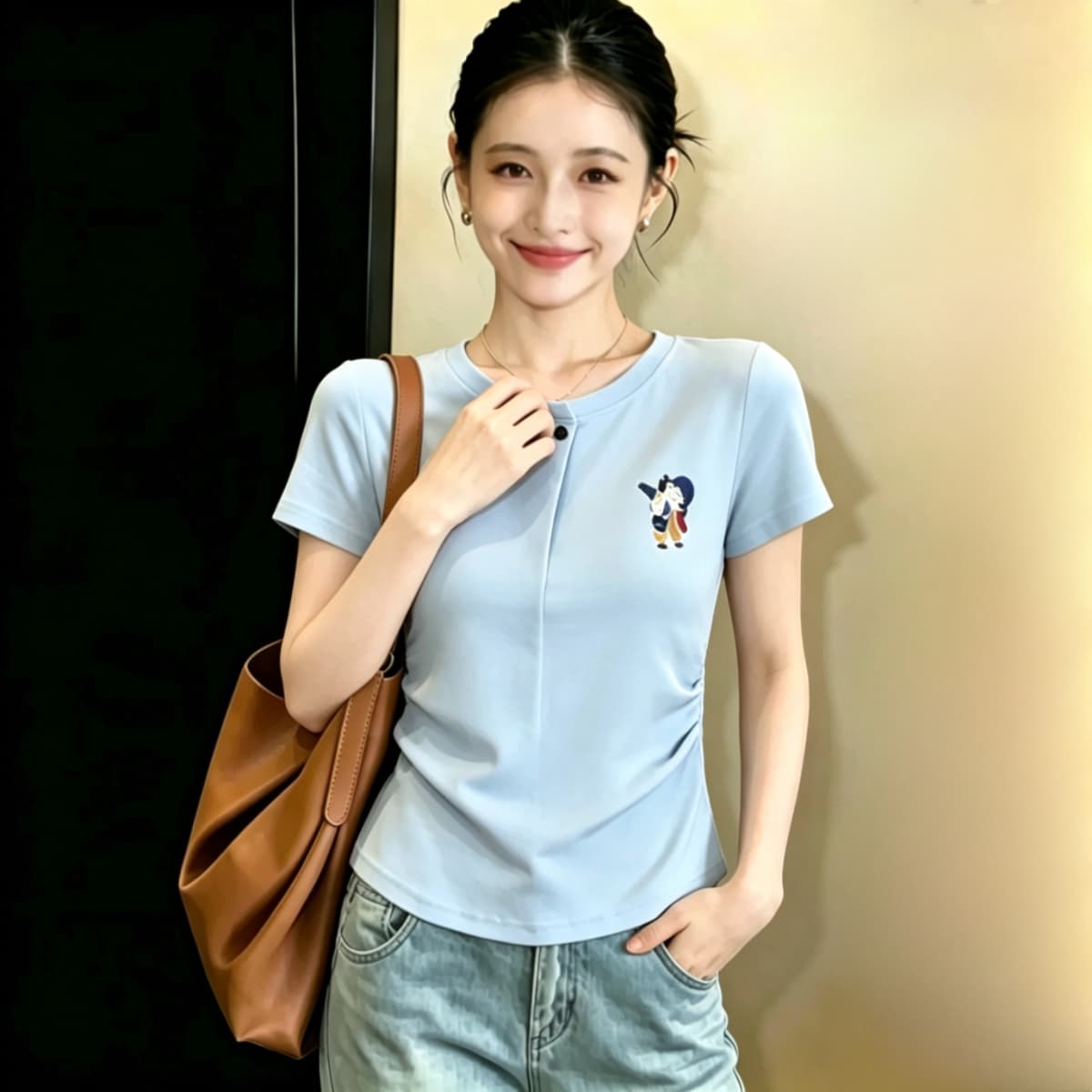 실사 2026 여름 빅 사이즈 여성 의류 프랑스식 디자인 센스 반팔 티셔츠 여성 몸매 가꾸기 허리 수축 품격 다용도 맨위 상세 이미지 8