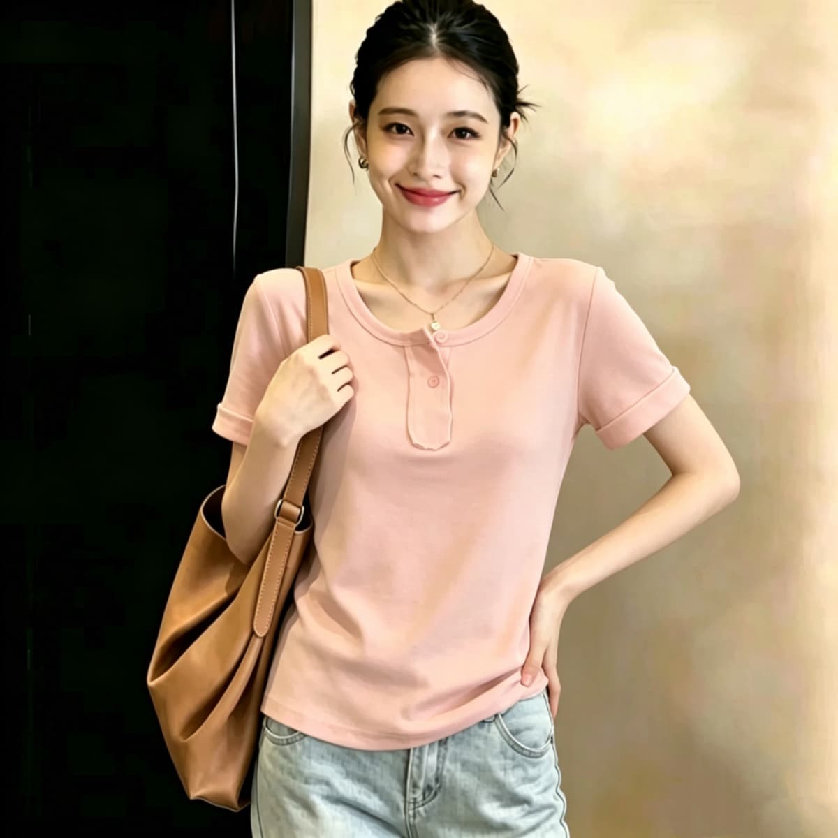 실사 210 그램 좋은 면 실사 2026 여름 새로운 한 부서 chic Chic 파란색 광장 칼라 긍정적 인 어깨 반팔 티셔츠 상세 이미지 3