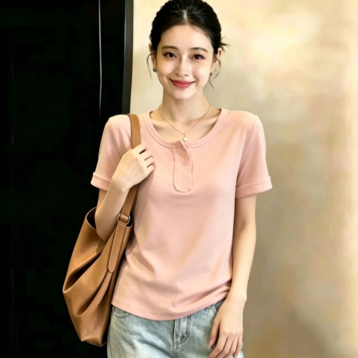 실사 210 그램 좋은 면 실사 2026 여름 새로운 한 부서 chic Chic 파란색 광장 칼라 긍정적 인 어깨 반팔 티셔츠 상세 이미지 4