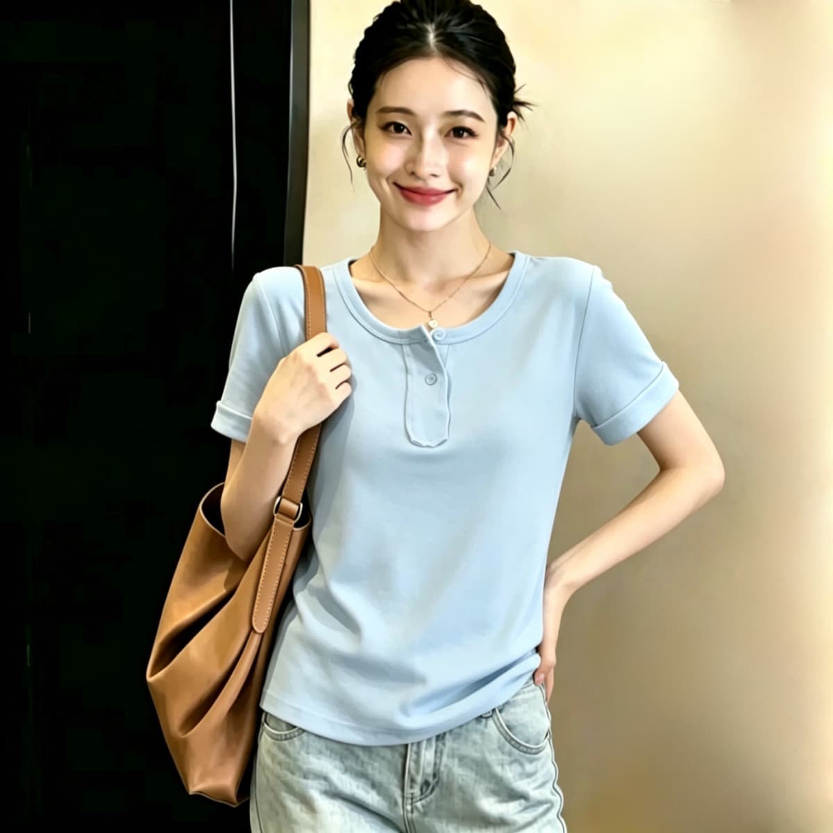 실사 210 그램 좋은 면 실사 2026 여름 새로운 한 부서 chic Chic 파란색 광장 칼라 긍정적 인 어깨 반팔 티셔츠 상세 이미지 7