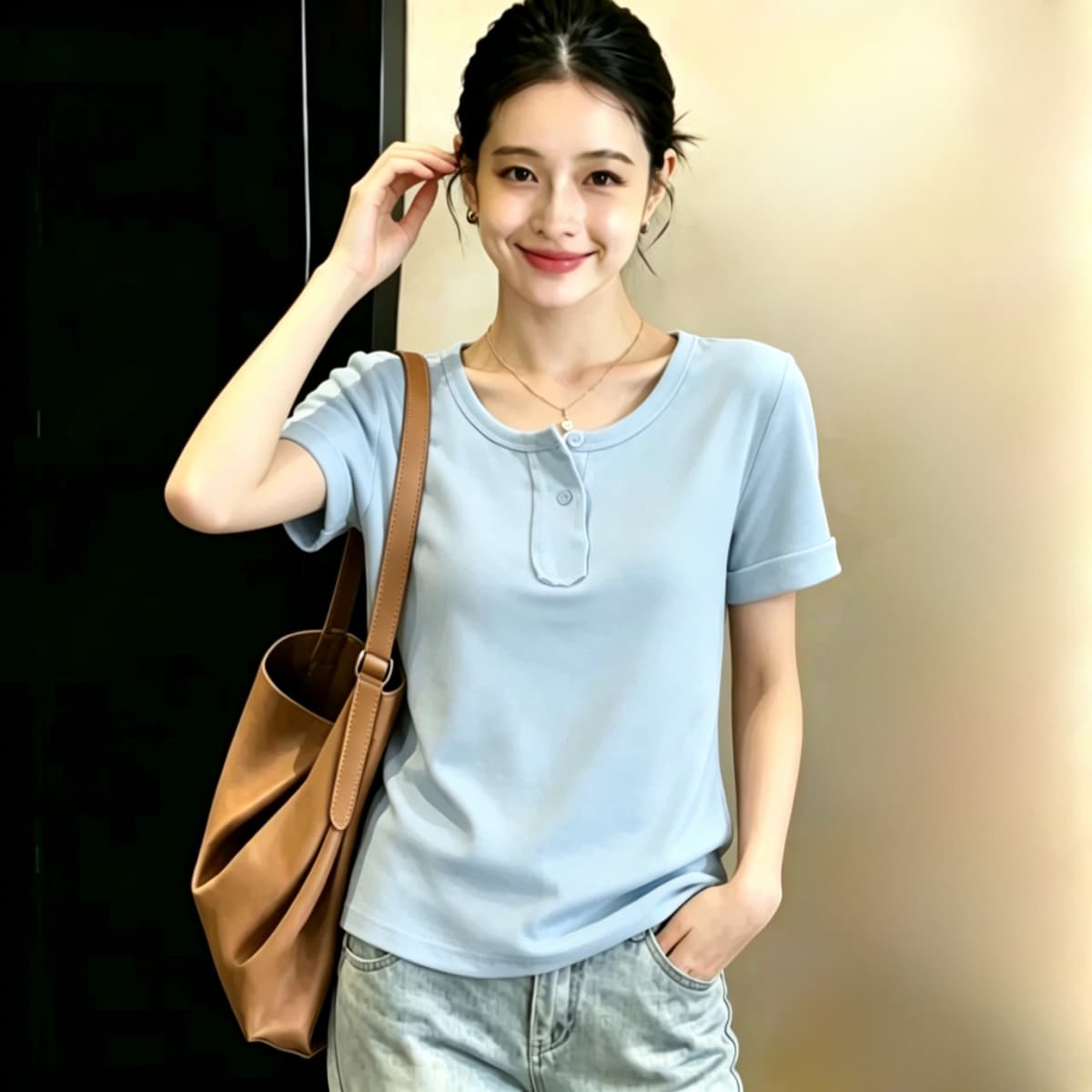 실사 210 그램 좋은 면 실사 2026 여름 새로운 한 부서 chic Chic 파란색 광장 칼라 긍정적 인 어깨 반팔 티셔츠 상세 이미지 8