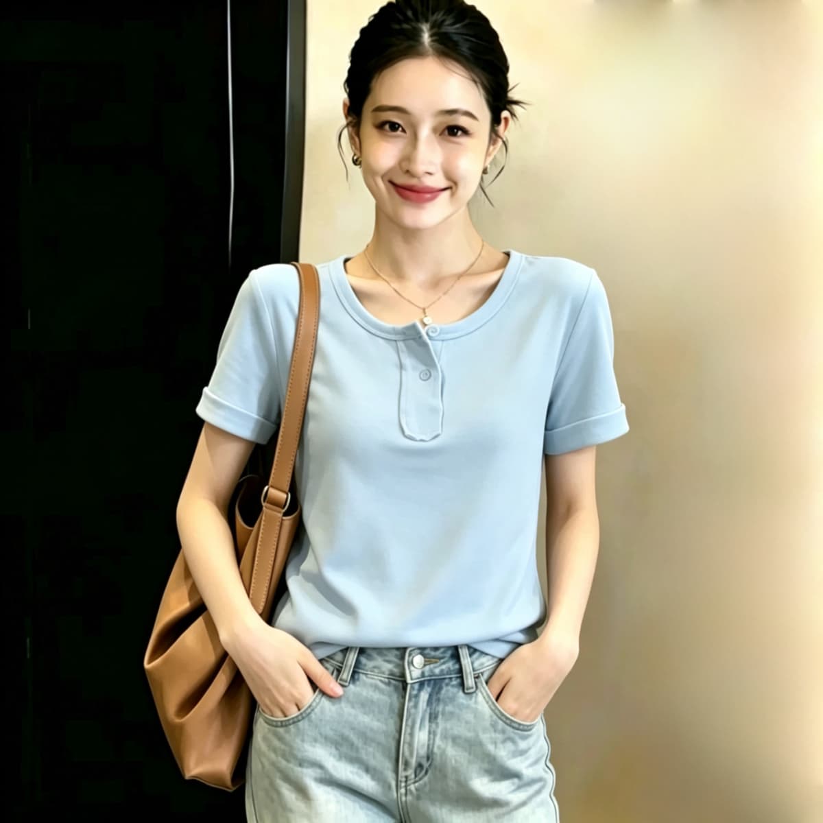 실사 210 그램 좋은 면 실사 2026 여름 새로운 한 부서 chic Chic 파란색 광장 칼라 긍정적 인 어깨 반팔 티셔츠 상세 이미지 9