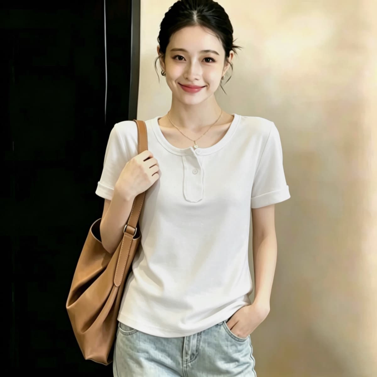 실사 210 그램 좋은 면 실사 2026 여름 새로운 한 부서 chic Chic 파란색 광장 칼라 긍정적 인 어깨 반팔 티셔츠 상세 이미지 10