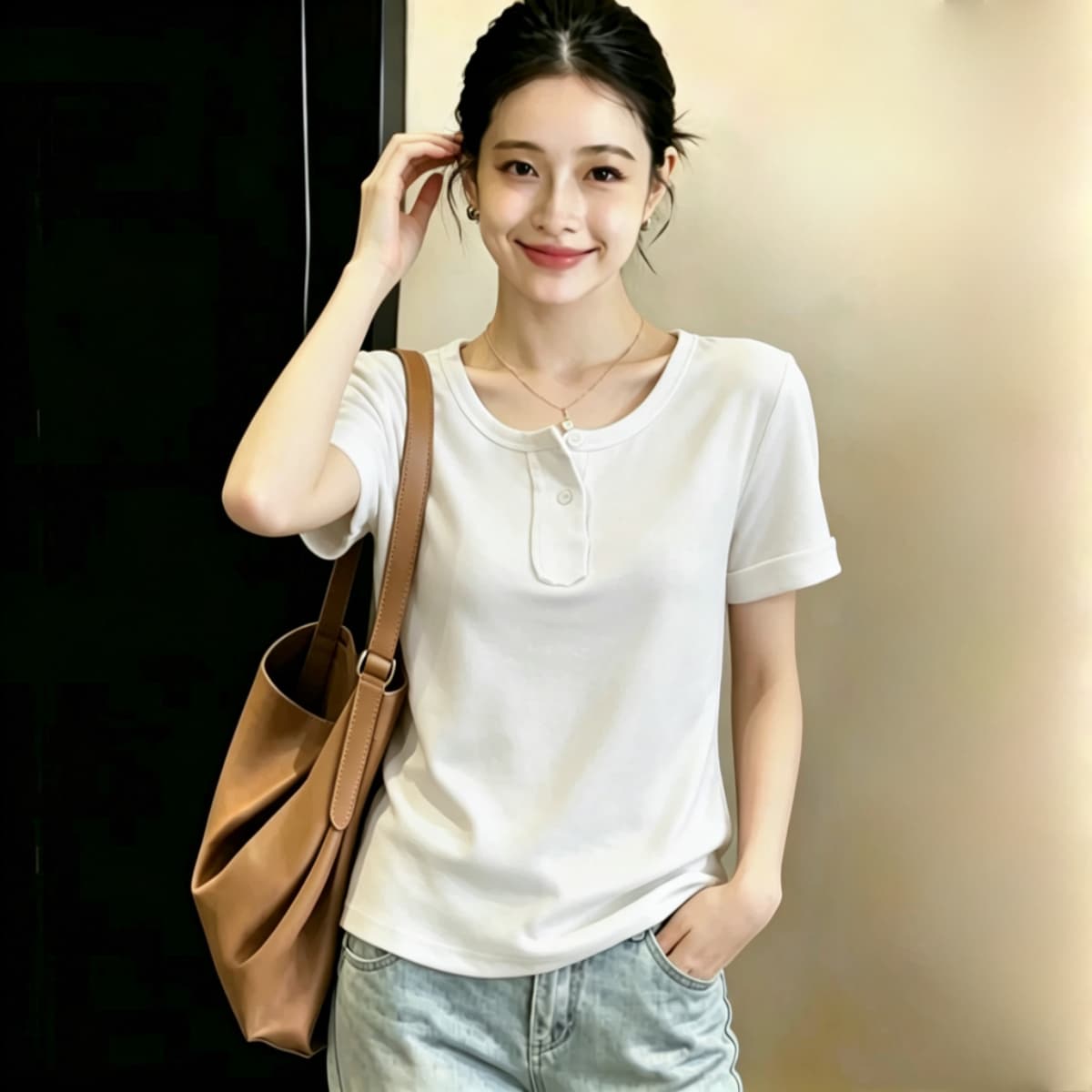 실사 210 그램 좋은 면 실사 2026 여름 새로운 한 부서 chic Chic 파란색 광장 칼라 긍정적 인 어깨 반팔 티셔츠 상세 이미지 11