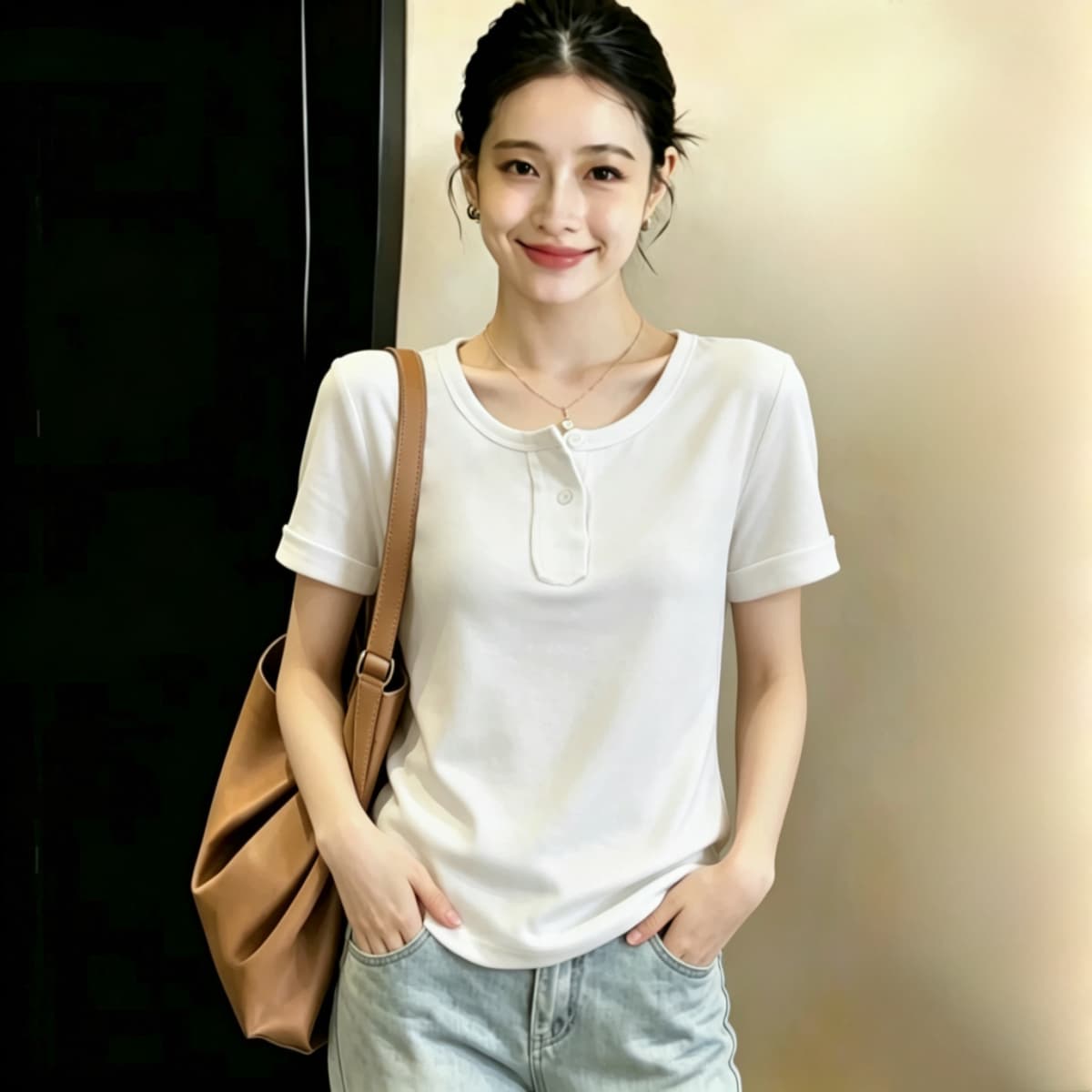 실사 210 그램 좋은 면 실사 2026 여름 새로운 한 부서 chic Chic 파란색 광장 칼라 긍정적 인 어깨 반팔 티셔츠 상세 이미지 12