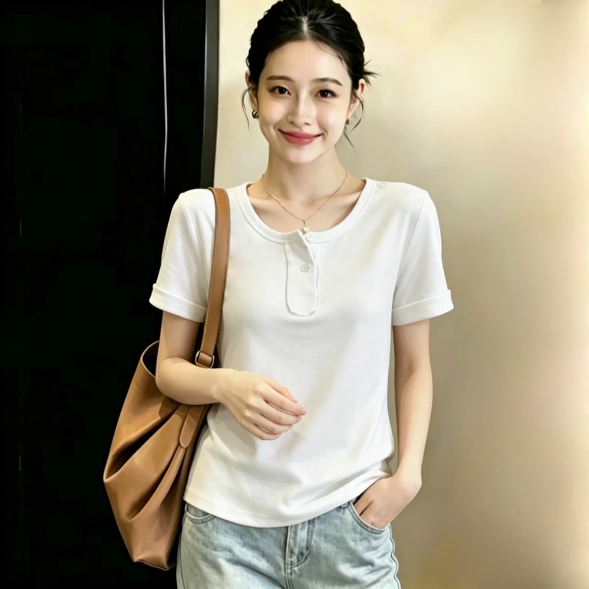 실사 210 그램 좋은 면 실사 2026 여름 새로운 한 부서 chic Chic 파란색 광장 칼라 긍정적 인 어깨 반팔 티셔츠 상세 이미지 13