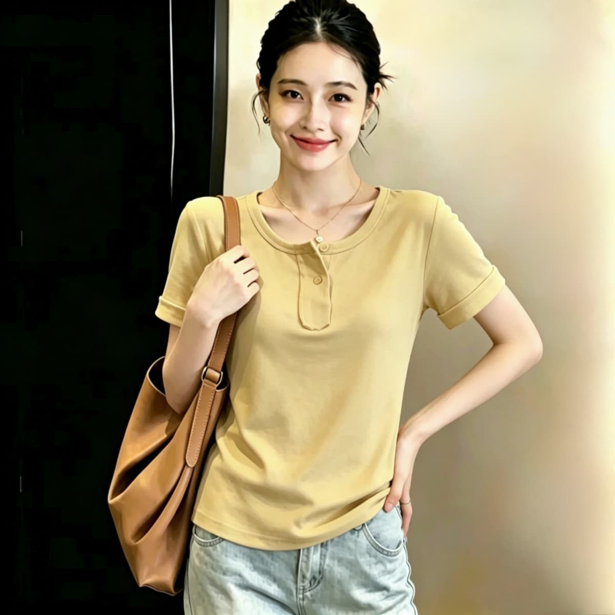 실사 210 그램 좋은 면 실사 2026 여름 새로운 한 부서 chic Chic 파란색 광장 칼라 긍정적 인 어깨 반팔 티셔츠 상세 이미지 15