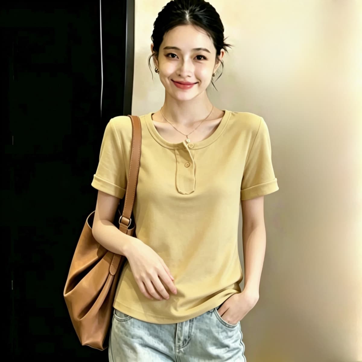 실사 210 그램 좋은 면 실사 2026 여름 새로운 한 부서 chic Chic 파란색 광장 칼라 긍정적 인 어깨 반팔 티셔츠 상세 이미지 17