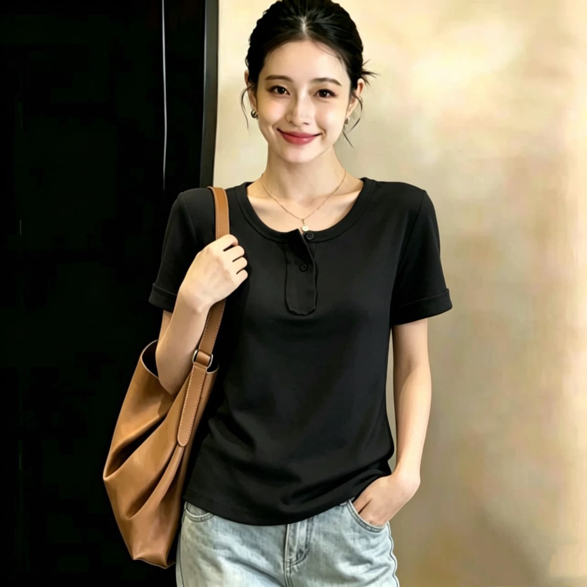 실사 210 그램 좋은 면 실사 2026 여름 새로운 한 부서 chic Chic 파란색 광장 칼라 긍정적 인 어깨 반팔 티셔츠 상세 이미지 18