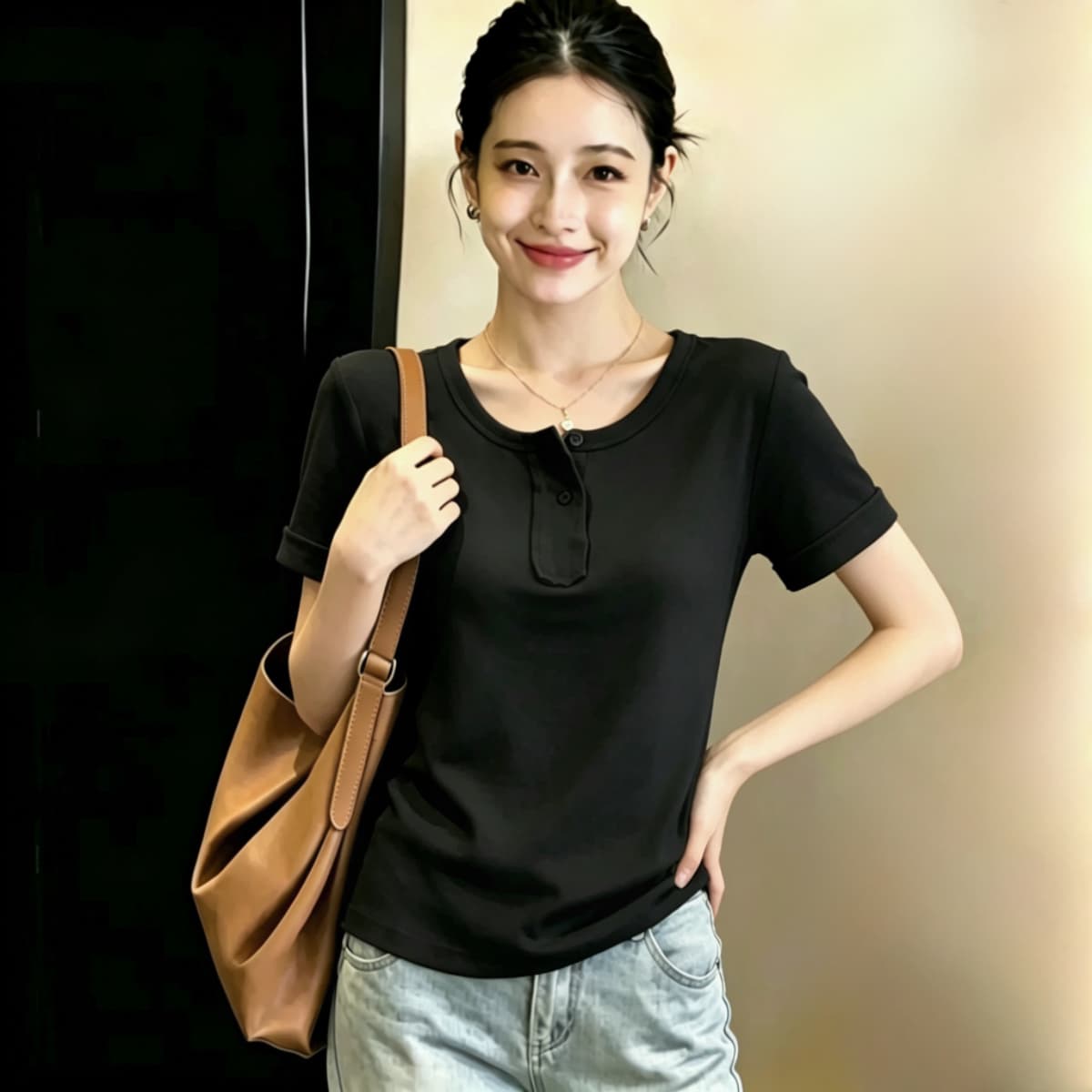 실사 210 그램 좋은 면 실사 2026 여름 새로운 한 부서 chic Chic 파란색 광장 칼라 긍정적 인 어깨 반팔 티셔츠 상세 이미지 19