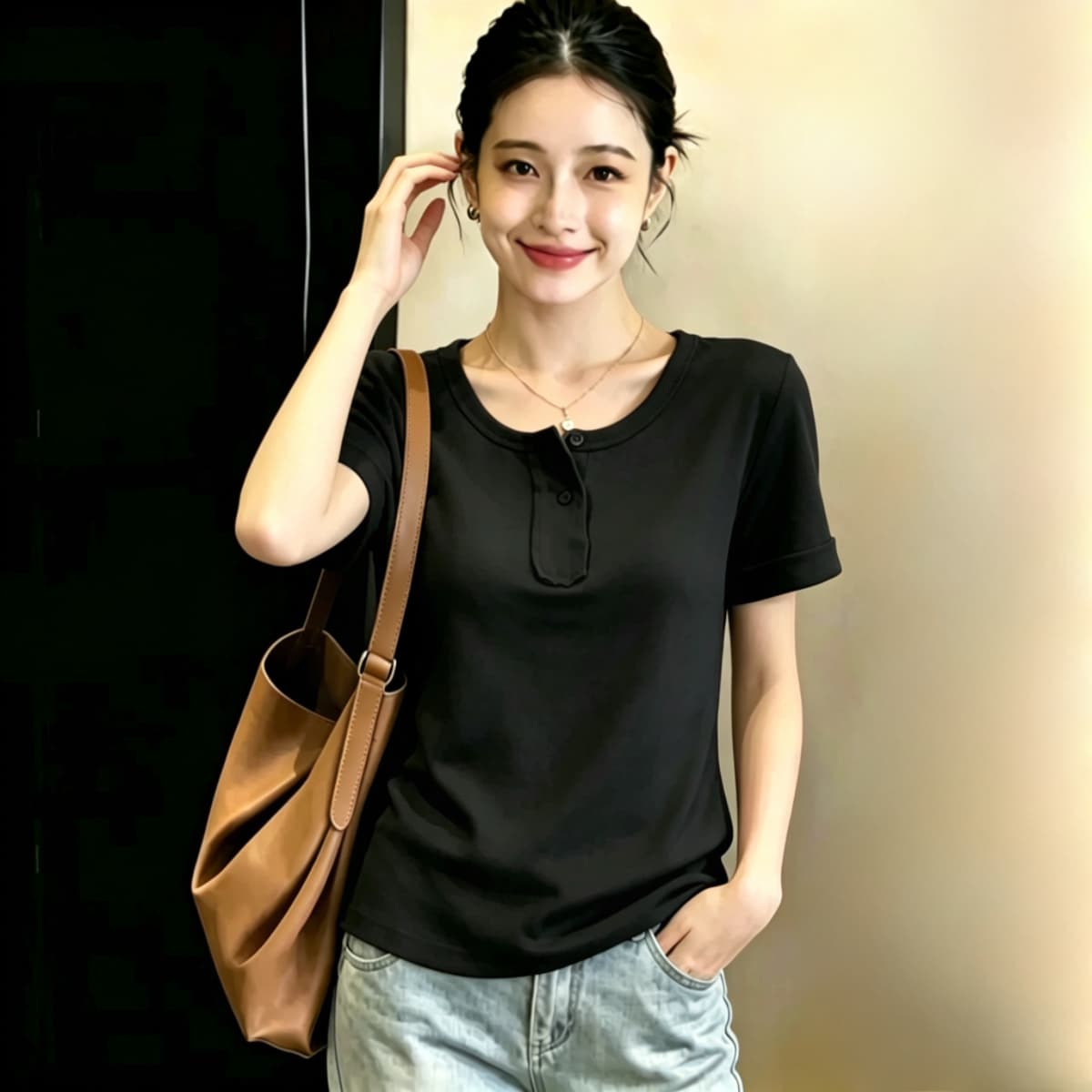 실사 210 그램 좋은 면 실사 2026 여름 새로운 한 부서 chic Chic 파란색 광장 칼라 긍정적 인 어깨 반팔 티셔츠 상세 이미지 20