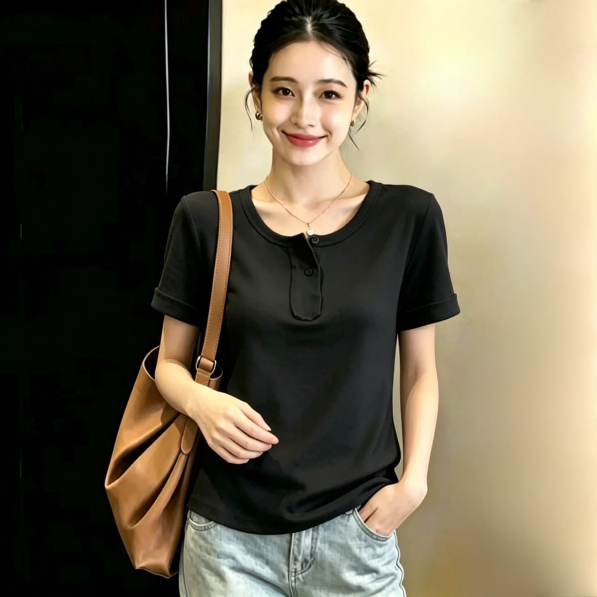 실사 210 그램 좋은 면 실사 2026 여름 새로운 한 부서 chic Chic 파란색 광장 칼라 긍정적 인 어깨 반팔 티셔츠 상세 이미지 21