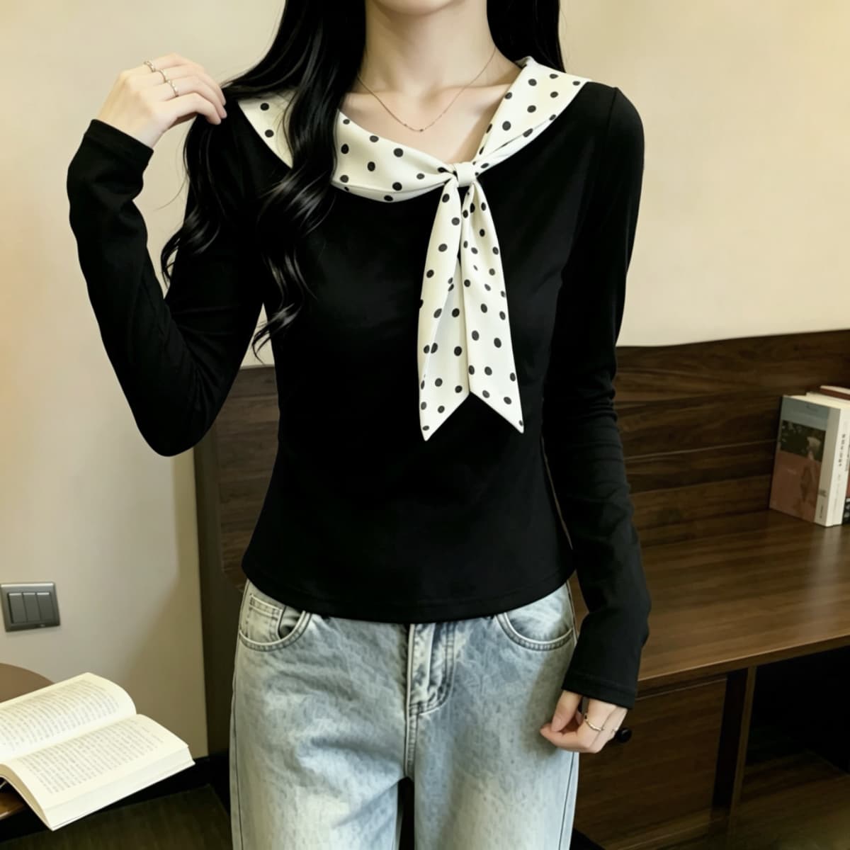 실사 230 크 좋은 면 빅 사이즈 여성 의류 2026 가을 의상 빅 사이즈 연령 감소 도트 무늬 나비 매듭 긴팔 티셔츠 맨위 상세 이미지 4