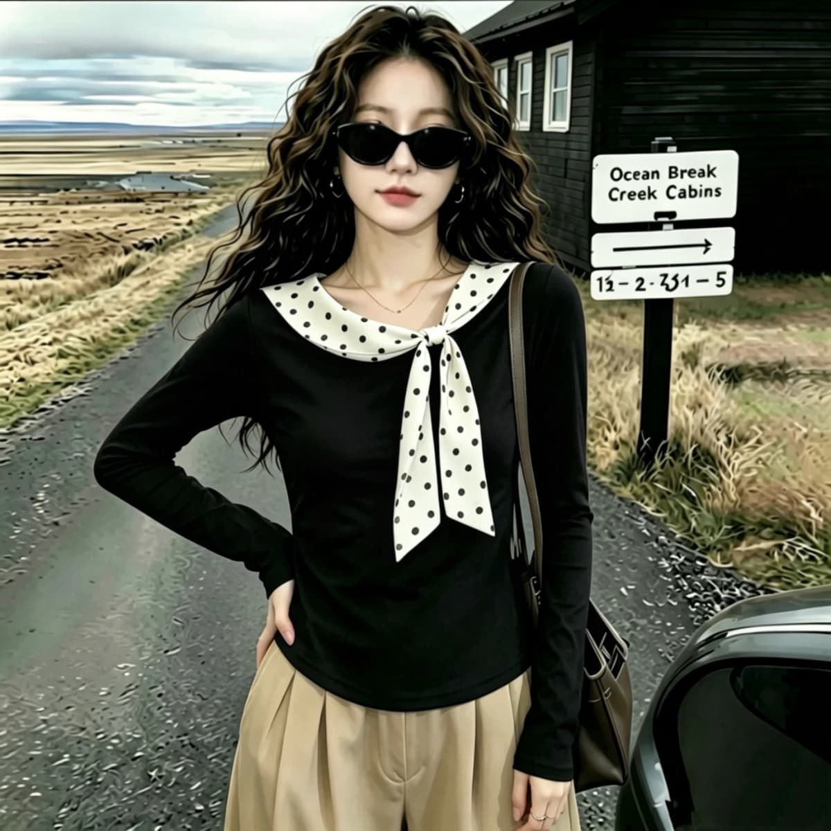 실사 230 크 좋은 면 빅 사이즈 여성 의류 2026 가을 의상 빅 사이즈 연령 감소 도트 무늬 나비 매듭 긴팔 티셔츠 맨위 상세 이미지 3