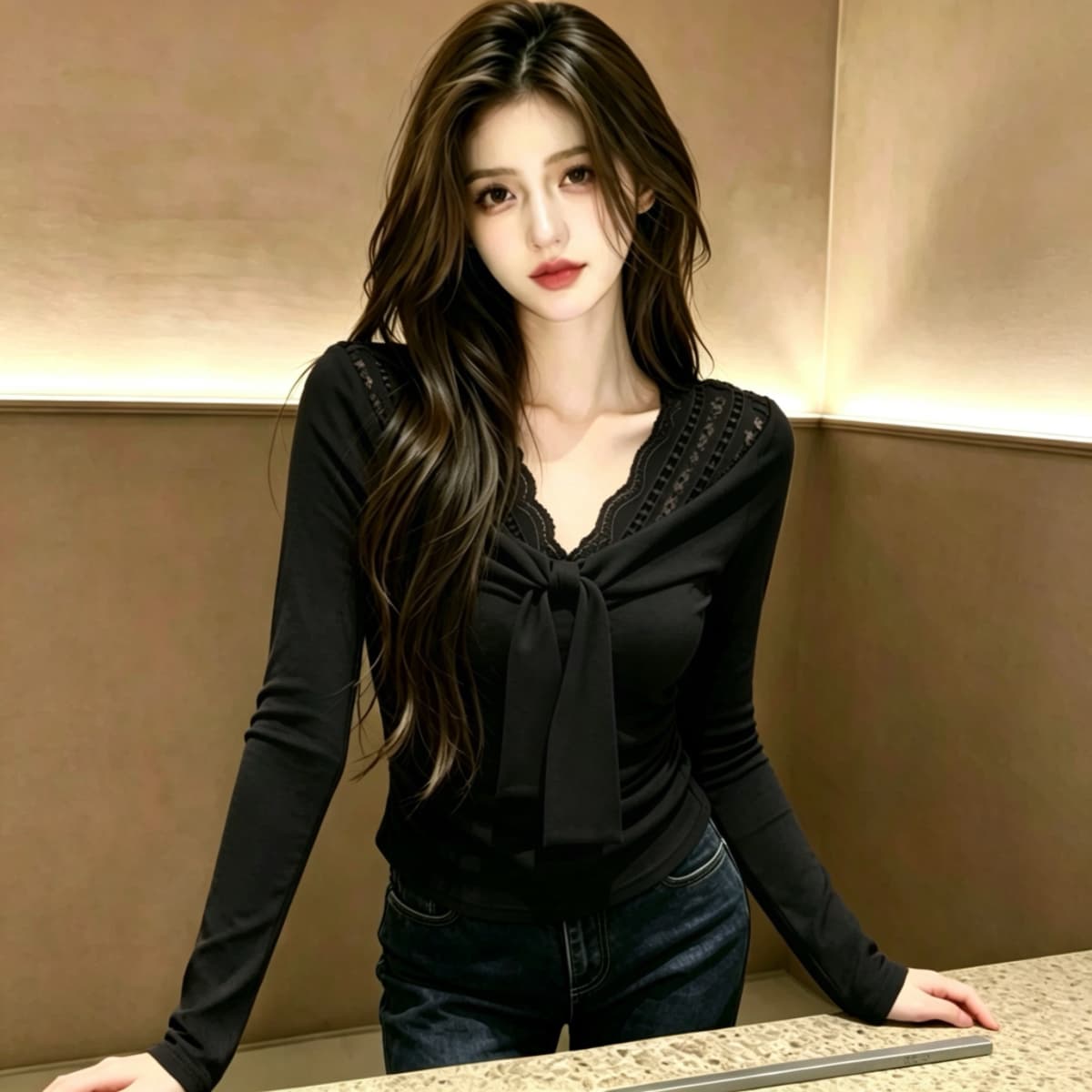 실사 230 크 좋은 면 2026 가을 아름다움 라드. 레이스 조각 V넥 티셔츠 디자인 고유 한 페이크 레이어드 맨위 상세 이미지 6