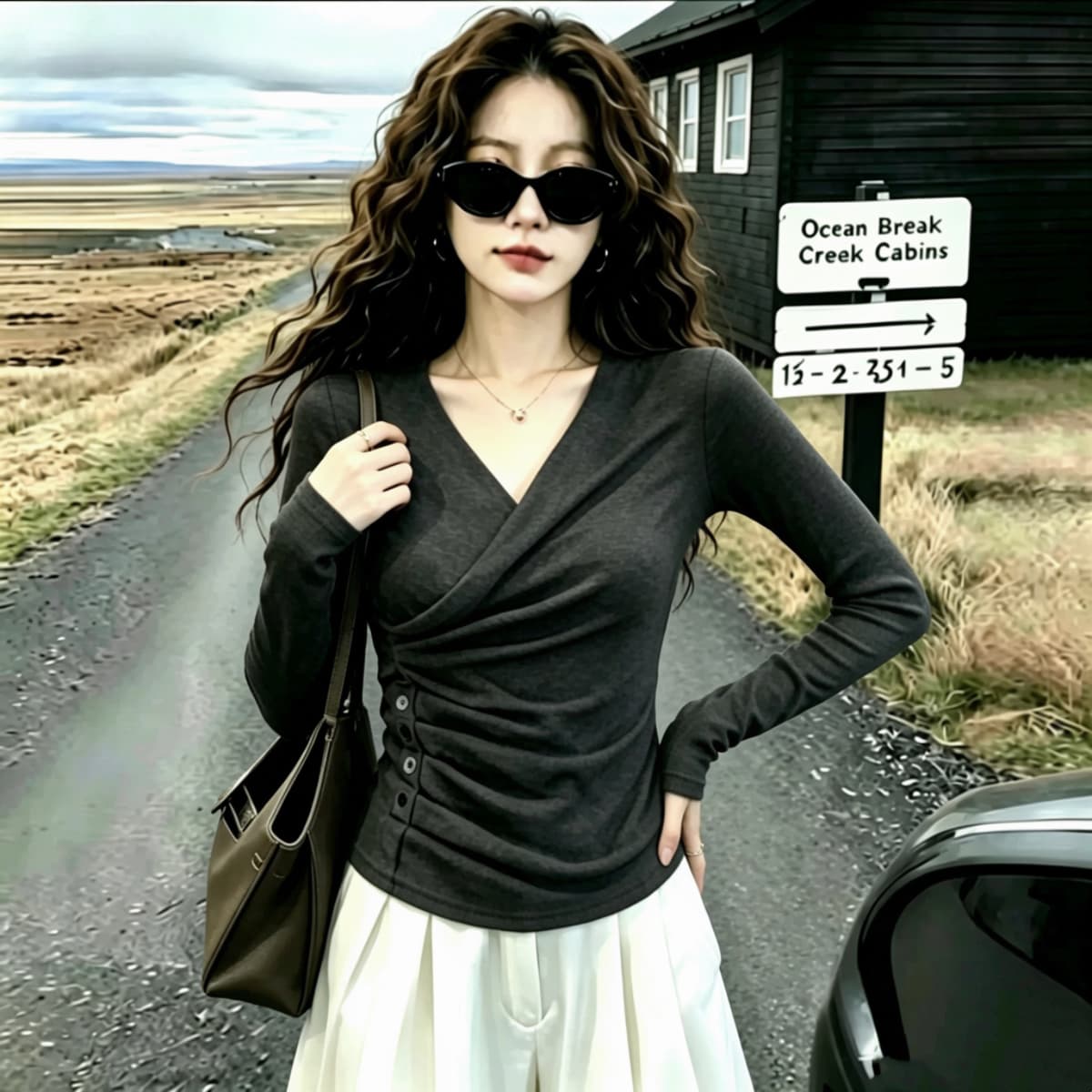 실사 230 크 좋은 면 2026 가을 의상 고급 센스 어두운 회색 긍정적 인 어깨 십자가 V넥 긴팔 티셔츠 만나는 맨위 상세 이미지 7
