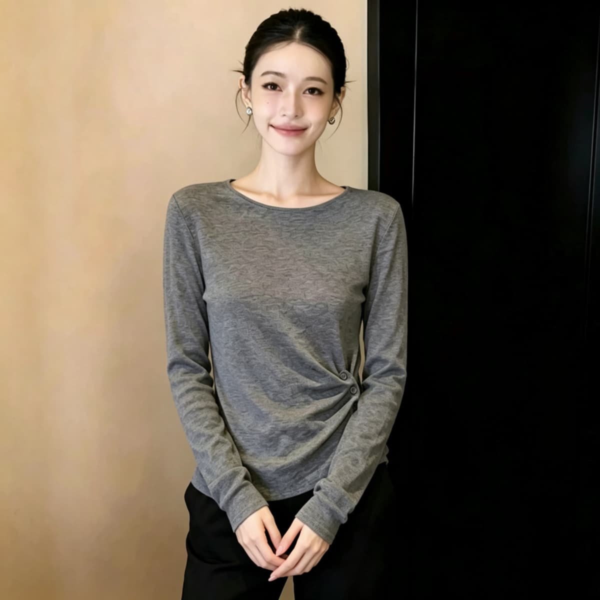 실사 210 그램 좋은 면 빅 사이즈 여성 의류 한 부서 긴팔 티셔츠 패션 슬림해 보이는 다용도 고급 디자인 센스 맨위 상세 이미지 4
