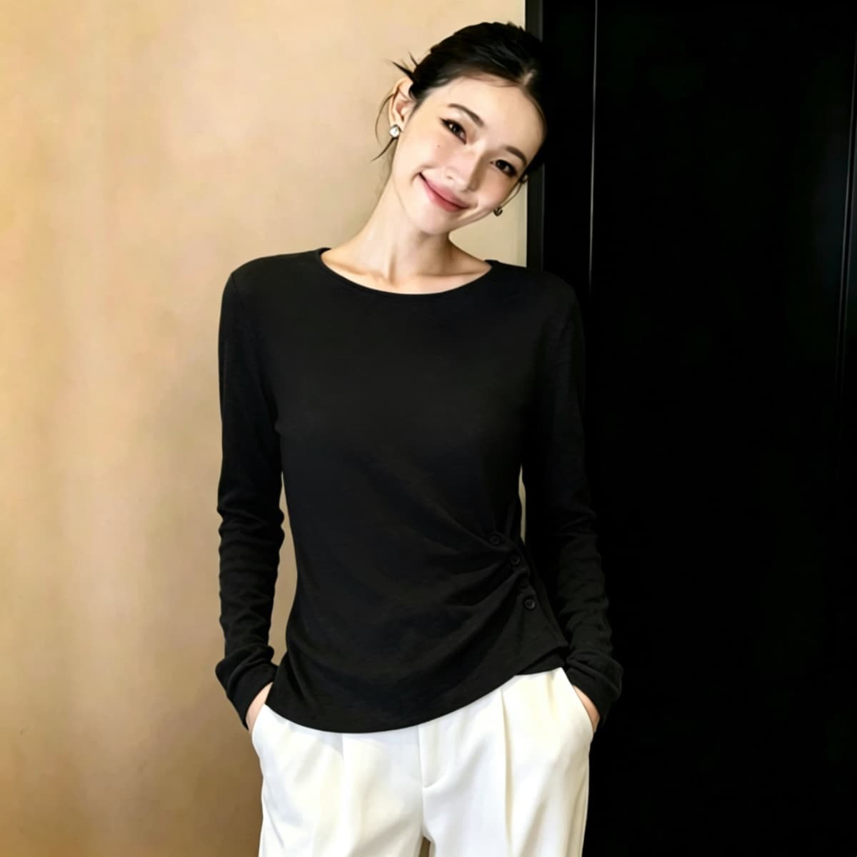실사 210 그램 좋은 면 빅 사이즈 여성 의류 한 부서 긴팔 티셔츠 패션 슬림해 보이는 다용도 고급 디자인 센스 맨위 상세 이미지 6