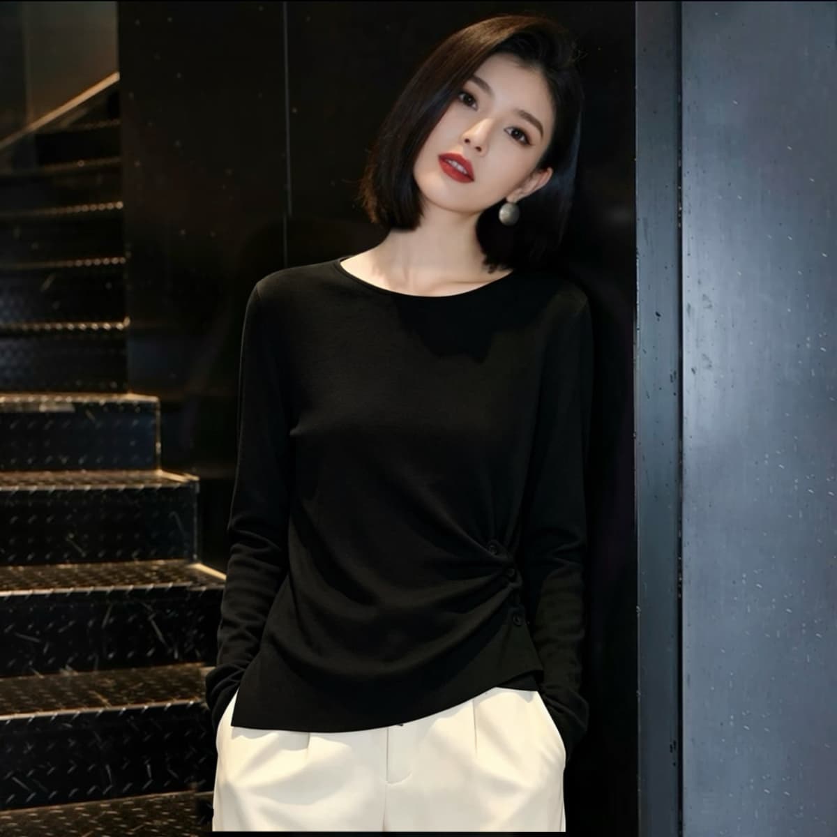 실사 210 그램 좋은 면 빅 사이즈 여성 의류 한 부서 긴팔 티셔츠 패션 슬림해 보이는 다용도 고급 디자인 센스 맨위 상세 이미지 2