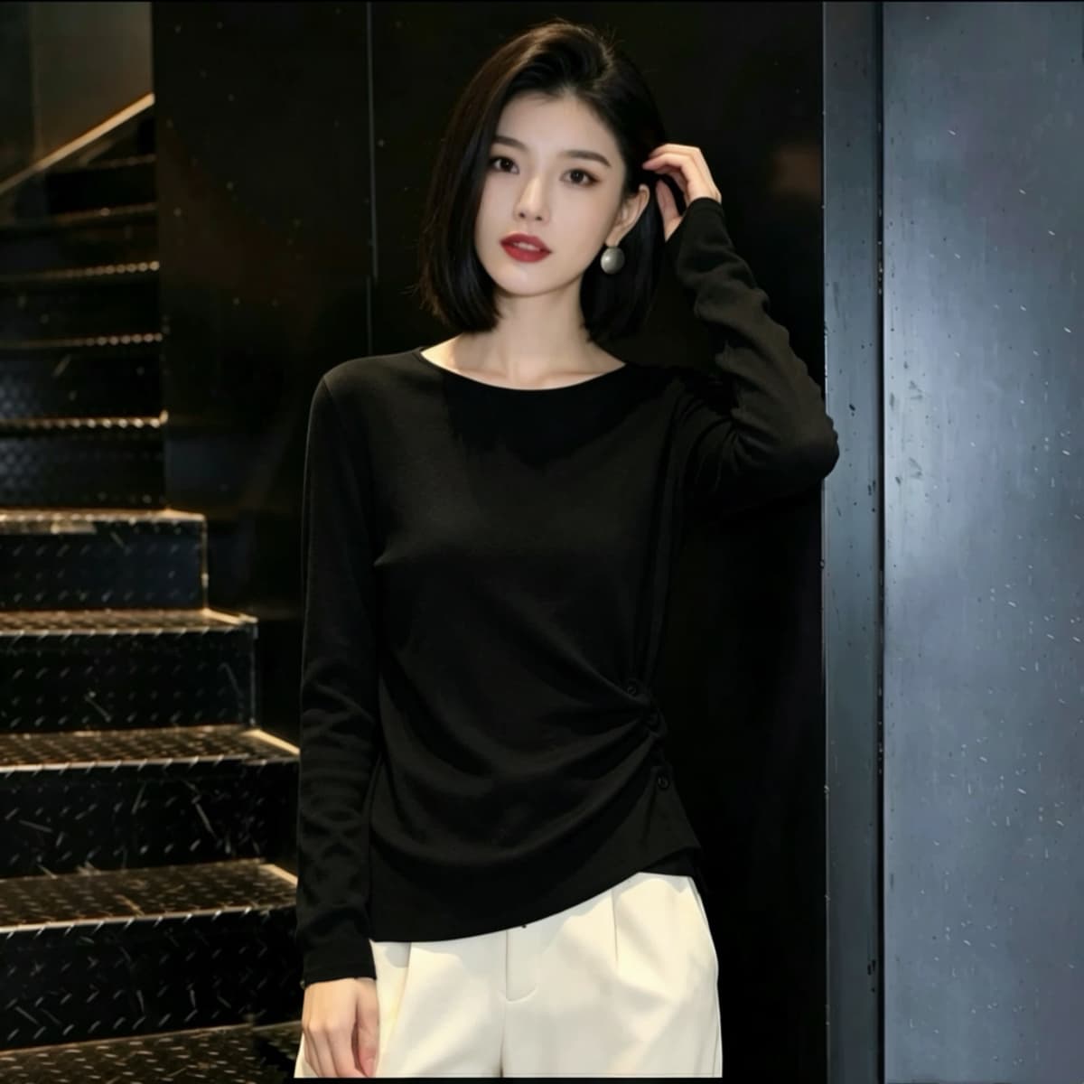 실사 210 그램 좋은 면 빅 사이즈 여성 의류 한 부서 긴팔 티셔츠 패션 슬림해 보이는 다용도 고급 디자인 센스 맨위 상세 이미지 3