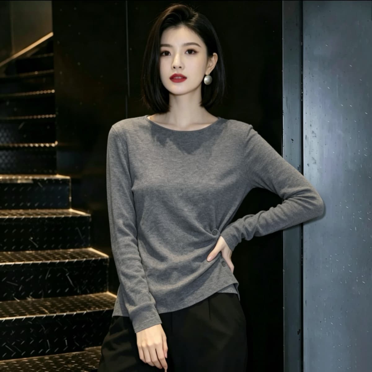 실사 210 그램 좋은 면 빅 사이즈 여성 의류 한 부서 긴팔 티셔츠 패션 슬림해 보이는 다용도 고급 디자인 센스 맨위 상세 이미지 6