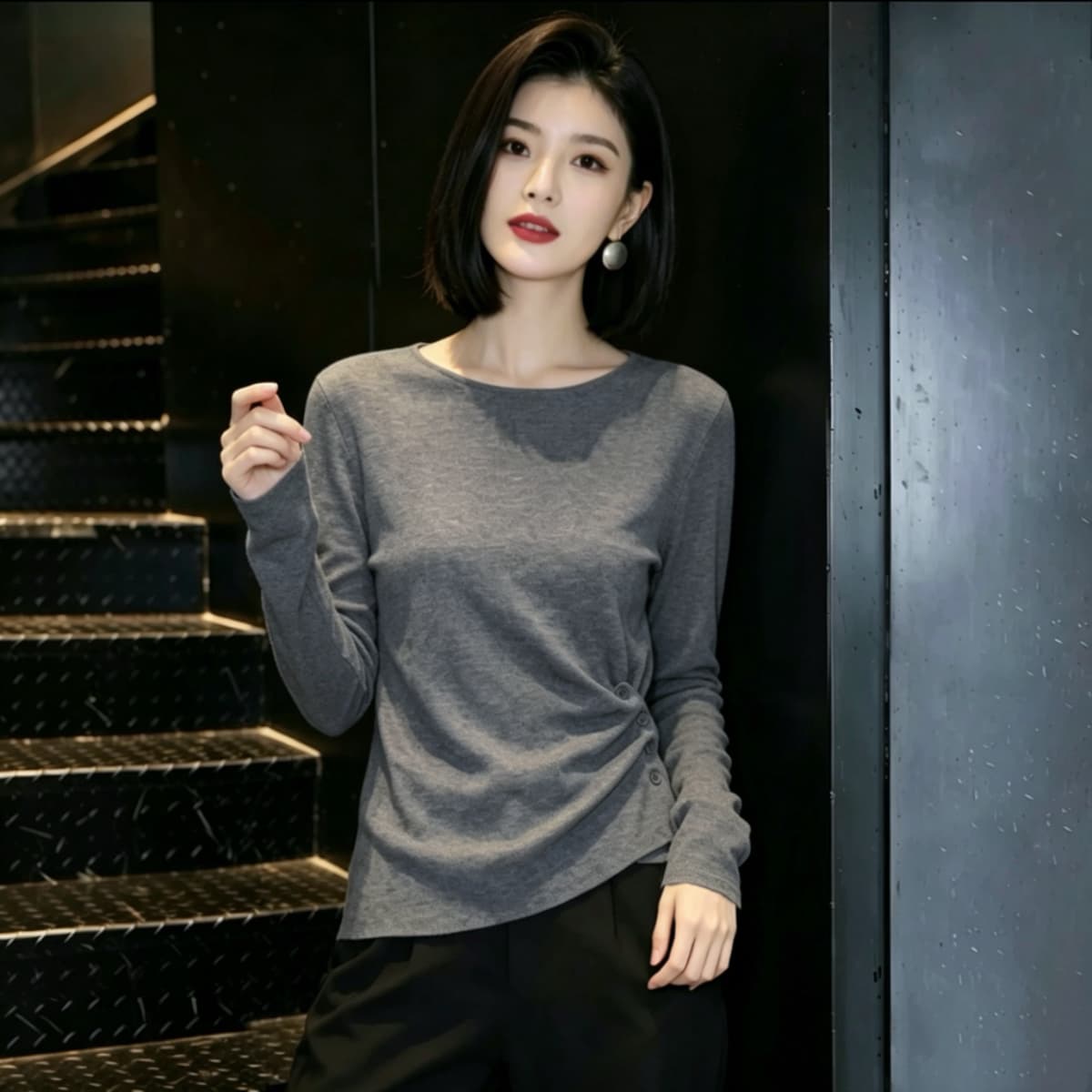 실사 210 그램 좋은 면 빅 사이즈 여성 의류 한 부서 긴팔 티셔츠 패션 슬림해 보이는 다용도 고급 디자인 센스 맨위 상세 이미지 7