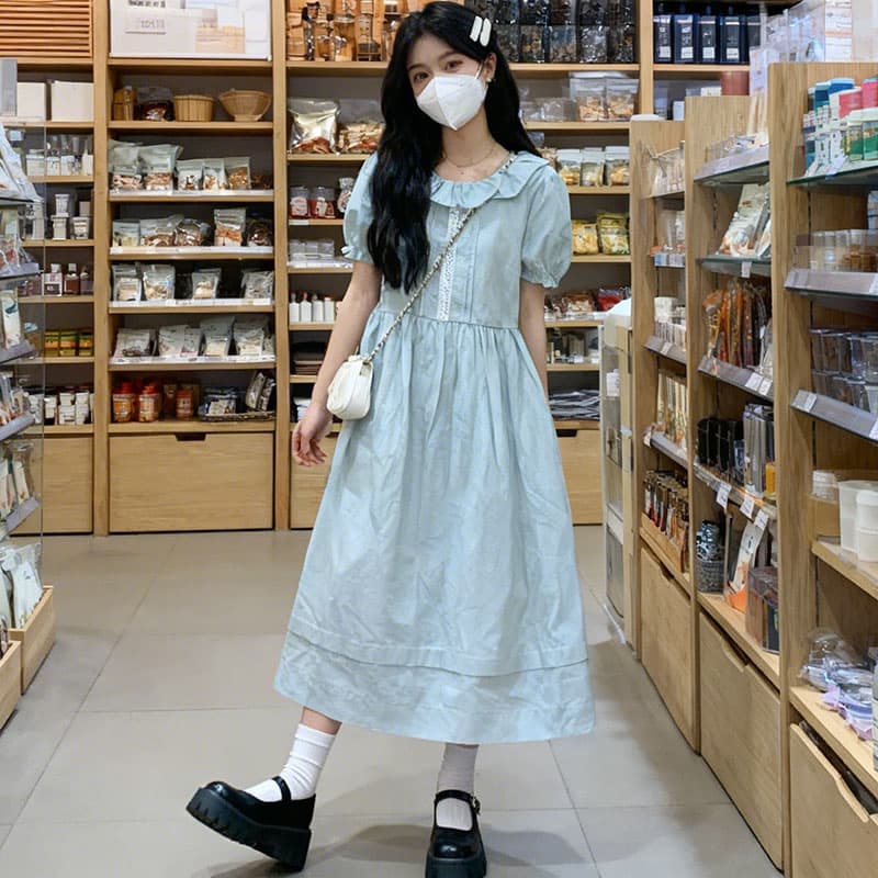 실사 부드러운 귀여운 플리츠 긴팔 베이비 칼라 드레스 달콤함 다용도 소녀 학원 스타일 치마 상세 이미지 5