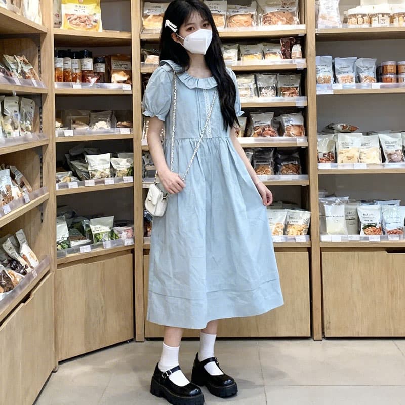 실사 부드러운 귀여운 플리츠 긴팔 베이비 칼라 드레스 달콤함 다용도 소녀 학원 스타일 치마 상세 이미지 7