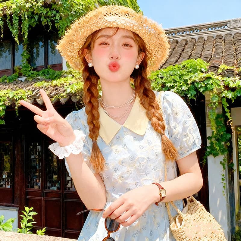실사 귀여운 베이비 칼라 달콤함 자수 자카드 드레스 작은 청신 학원 치마 소녀 바람