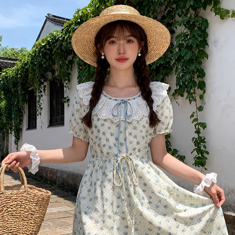 실사 꽃무늬 고대 복장 센스 레이스 프랑스식 베이비 칼라 드레스 작은 청신 블루 꽃밭 라운드 중간 길이 치마 이미지 2
