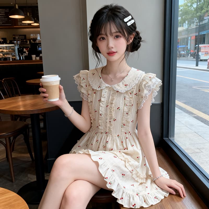 실사 작은 키 베이비 칼라 수 있습니다. 작은 사랑 체리 프린트 소녀 달콤함 레이스 작은 날다 소매 드레스 첫사랑 센스 이미지 3