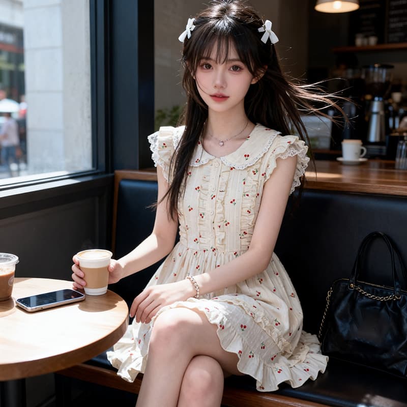 실사 작은 키 베이비 칼라 수 있습니다. 작은 사랑 체리 프린트 소녀 달콤함 레이스 작은 날다 소매 드레스 첫사랑 센스 상세 이미지 7