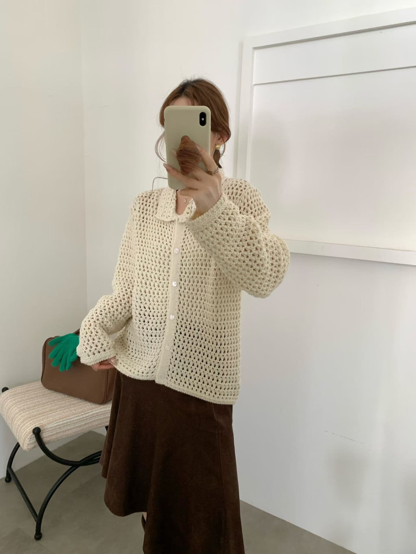 폴로 칼라 홀로우 아웃 자수 지퍼 니트 오픈 가디건 여성 루즈핏 느긋한 구멍 센스 화이트 스웨터 코트 봄 가을
